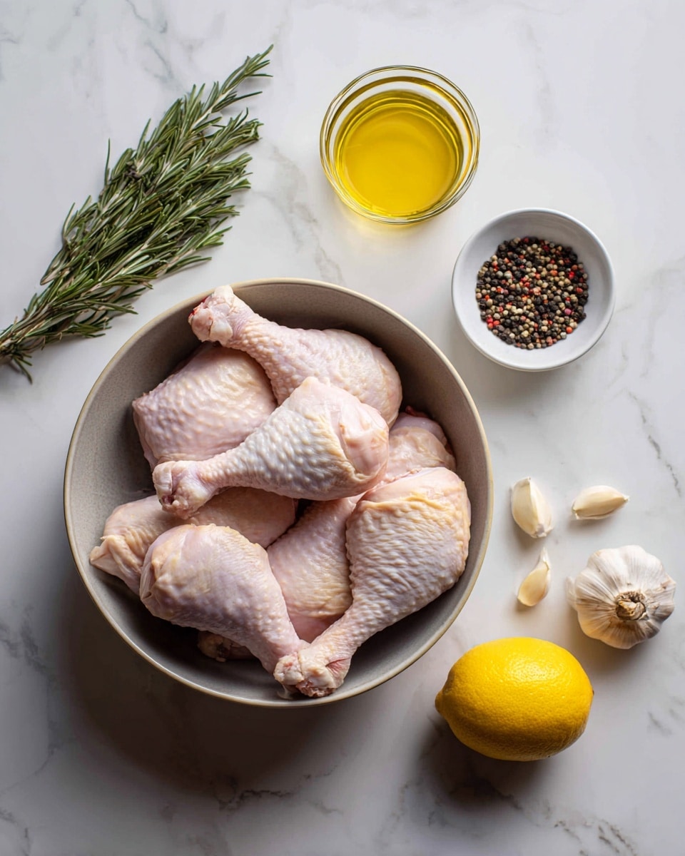 In the image, there is a round bowl filled with raw chicken drumsticks. The skin of the drumsticks is pale pink with a smooth texture. Above the bowl to the right, a small white bowl holds a mix of black peppercorns and salt, while next to it is a clear glass container with golden oil. To the left of the bowl, a bunch of green rosemary sprigs lies on a white marbled surface. At the bottom, a whole yellow lemon sits next to a garlic bulb and two peeled garlic cloves, all on the white marbled background. The photo taken with an iphone --ar 4:5 --v 7