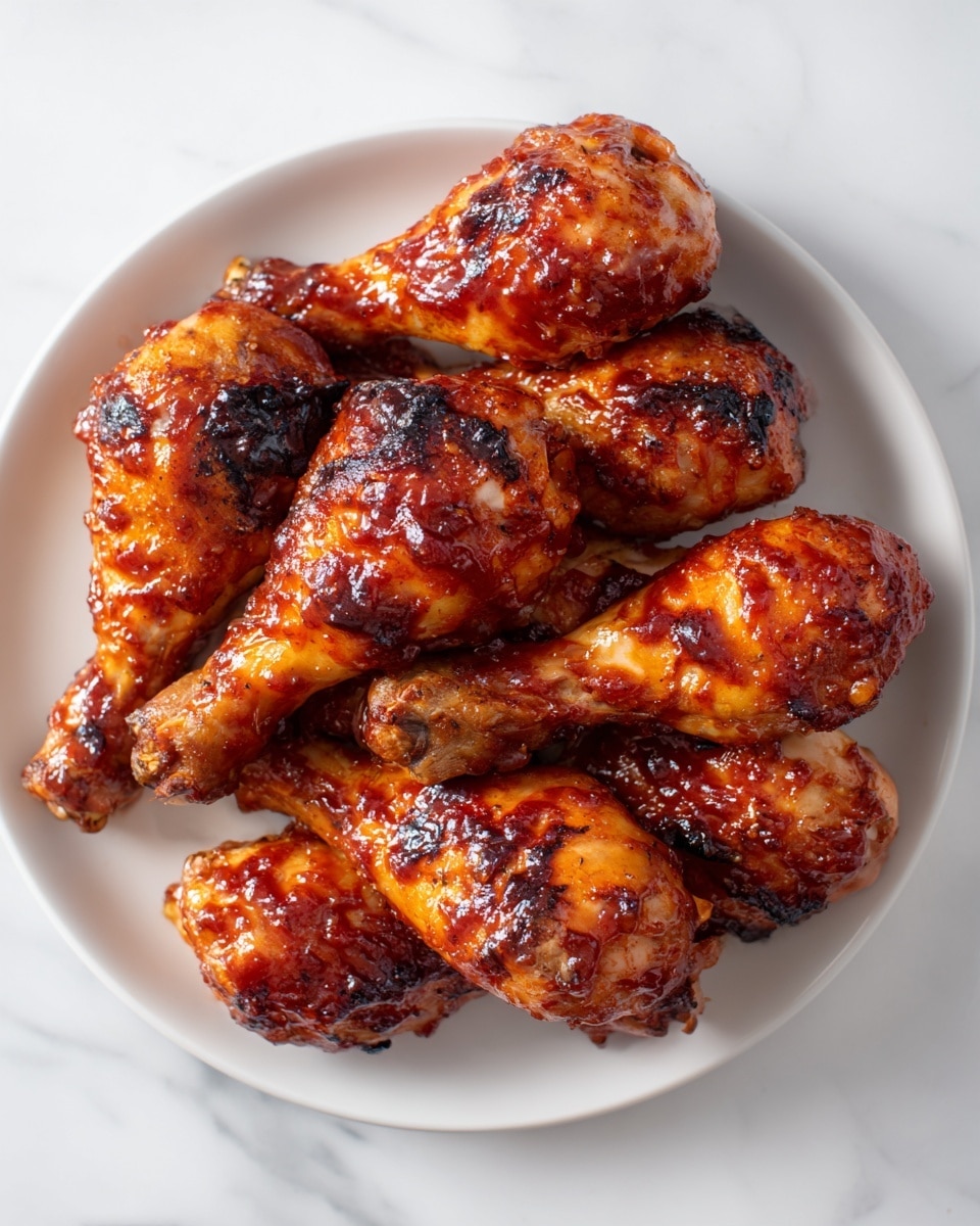 The image shows a white plate filled with several chicken drumsticks arranged neatly in rows. Each drumstick is coated in a shiny, rich reddish-brown sauce which looks thick and slightly sticky. The drumsticks have a textured surface with some charred spots giving them a grilled appearance. The white plate rests on a white marbled surface, creating a clean and bright background that makes the dark sauce and golden-brown chicken stand out. The drumsticks appear juicy and well-cooked, with highlights from the sauce adding depth to their look. photo taken with an iphone --ar 4:5 --v 7