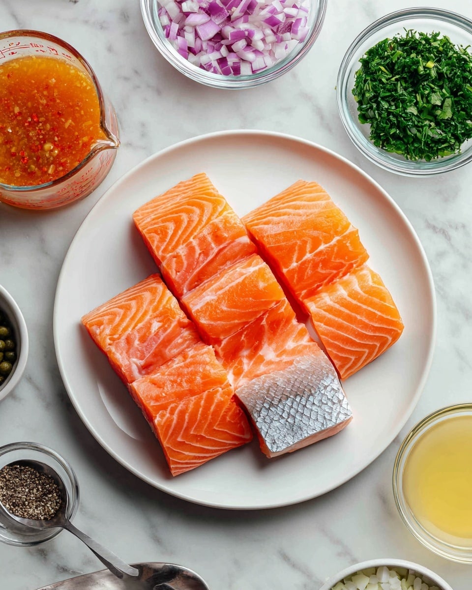A white plate in the center holds five thick pieces of raw salmon with bright orange flesh and a thin layer of silver skin on one side. Around the plate are several small clear glass bowls and a white bowl filled with different ingredients: finely chopped green herbs, a creamy white sauce, small green capers, and finely chopped red onions. There’s also a clear measuring cup with a reddish-orange sauce with visible small bits inside, a metal spoon with black pepper, and a small glass bowl with yellowish liquid. The whole scene is set on a white marbled surface. Photo taken with an iphone --ar 4:5 --v 7