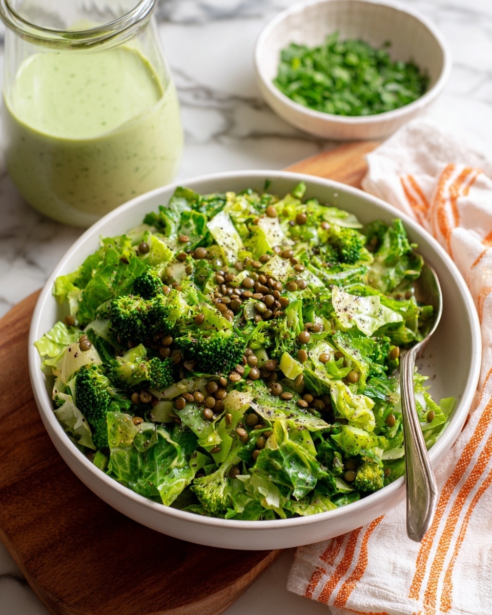 The image shows a white bowl filled with a leafy green salad made from finely chopped green lettuce, broccoli pieces, and sprinkled with green lentils. The salad looks fresh with varying shades of green from light to dark, and is lightly seasoned with black pepper on top. A silver spoon rests inside the bowl on the right side. The bowl is placed on a wooden board with a white cloth that has orange stripes underneath, all set on a white marbled surface. In the background, there is a glass jar filled with a creamy green dressing and a white bowl containing chopped green herbs. Photo taken with an iphone --ar 4:5 --v 7