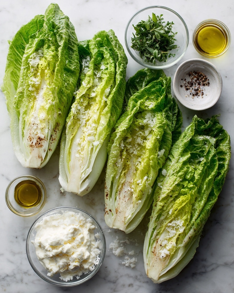 The image shows four halves of fresh romaine lettuce placed side by side, each with crisp, layered green leaves that fade to lighter green and white at the base. Surrounding the lettuce on a white marbled surface are several small clear bowls. One bowl contains grated white cheese with a soft texture, another has chopped fresh green herbs, a third holds a thick white creamy substance, and there are additional bowls with olive oil, vinegar, and a mix of salt and black pepper. The whole scene is bright with natural light highlighting the fresh ingredients. Photo taken with an iphone --ar 4:5 --v 7