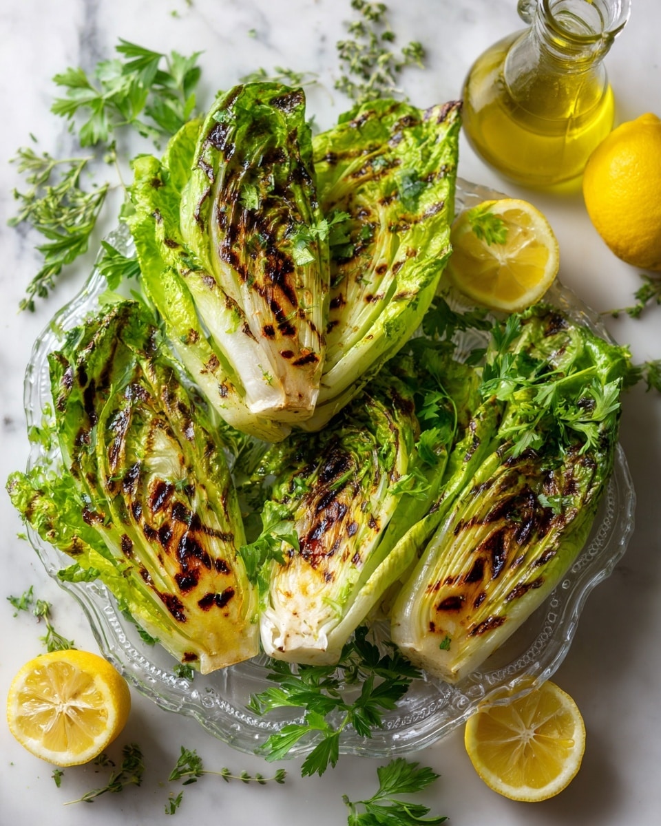 The image shows four grilled romaine lettuce halves with dark charred marks on the green and pale layers, arranged on a clear glass plate with a scalloped edge. Fresh green parsley leaves and small herb sprigs are scattered around the lettuce. On the white marbled surface, there is a glass bottle of olive oil and three lemon wedges, one of which is halved with bright yellow flesh visible. The overall scene looks fresh and lightly seasoned. photo taken with an iphone --ar 4:5 --v 7