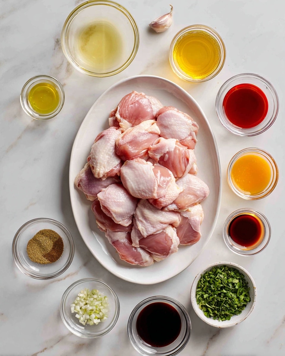 A large white oval plate in the center holds many pieces of raw pink chicken thighs with smooth skin, arranged in a pile. Surrounding the plate are small clear glass bowls filled with different liquids and ingredients: a pale yellow liquid, golden honey, bright yellow juice, dark brown sauce, and rich red sauce. There are also two small white round bowls with ground spices—one greenish and one brownish—and one small clear bowl with chopped white garlic. A clear bowl with freshly chopped green herbs is also shown. All items are placed on a white marbled surface. photo taken with an iphone --ar 4:5 --v 7