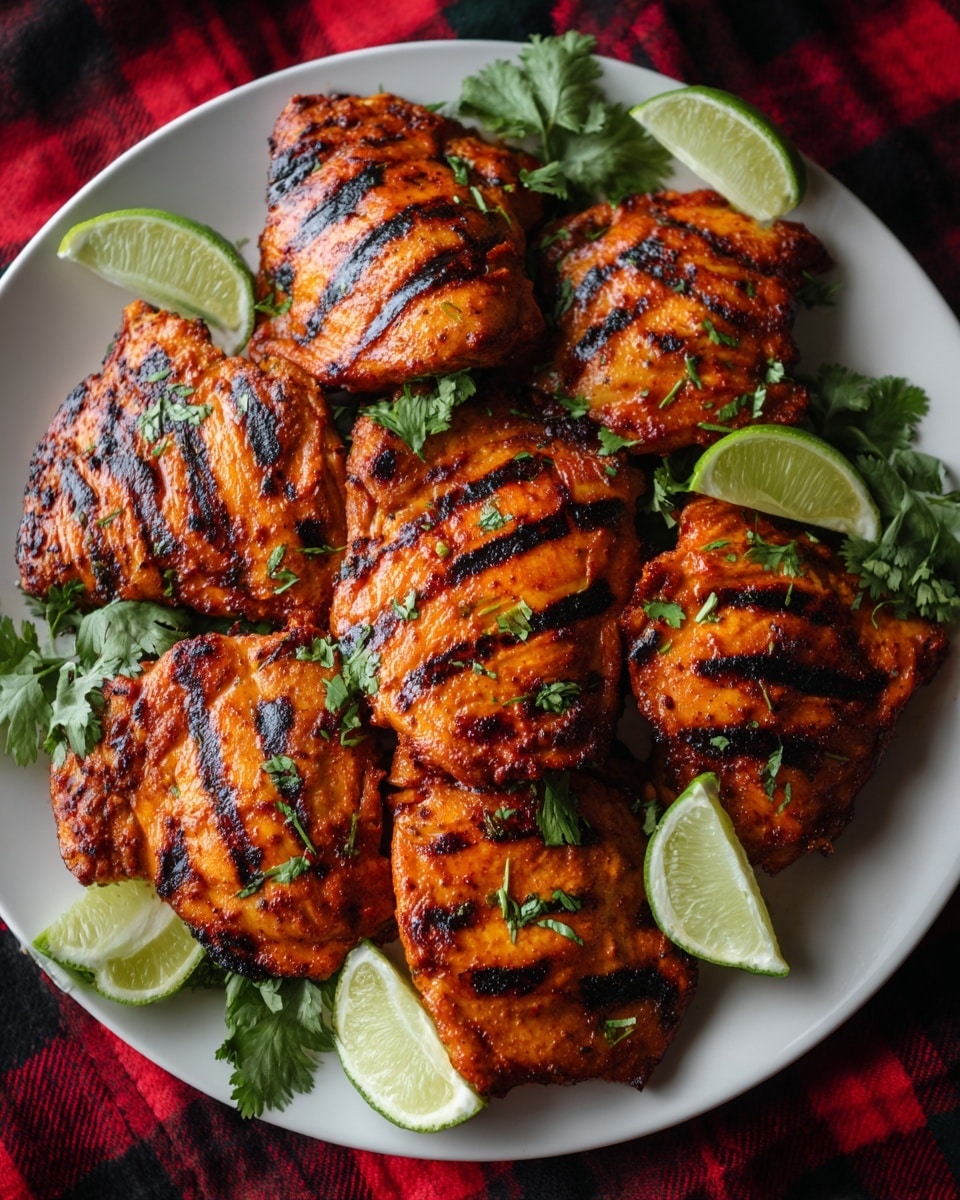 A white round plate filled with about eight pieces of grilled chicken thighs, showing clear dark grill marks and a rich orange-red color from the marinade. The chicken pieces are piled in the center, with fresh green cilantro leaves scattered over and around them. Bright green lime wedges are placed evenly around and on top of the chicken, adding contrast. The plate sits on a red and black checkered cloth, creating a warm and inviting look. photo taken with an iphone --ar 4:5 --v 7