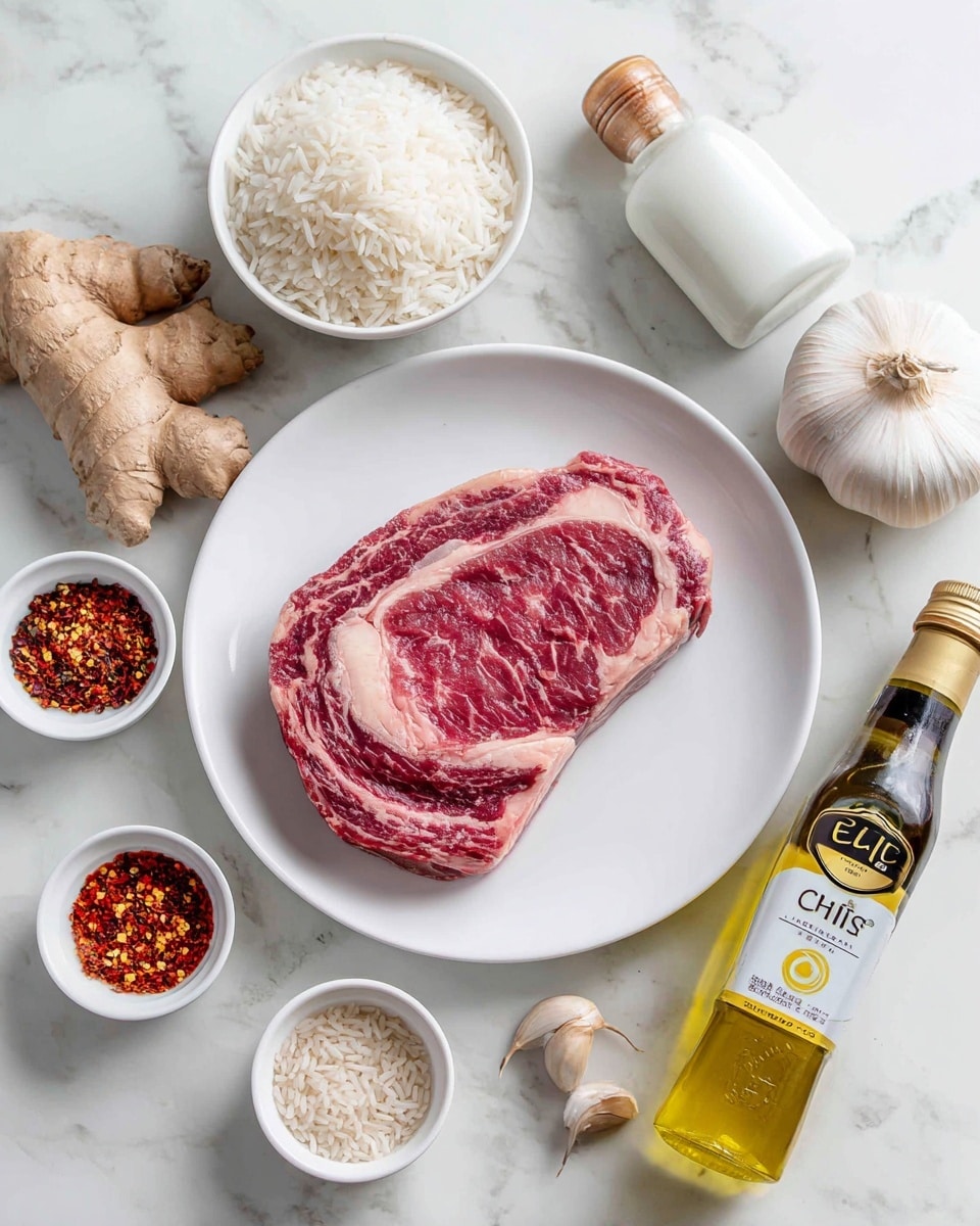 A single raw ribeye steak with visible marbling, placed in the center of a white plate. Around the plate are small bowls containing red chili flakes and uncooked rice, two whole garlic bulbs, a piece of ginger root, a large white bottle labeled