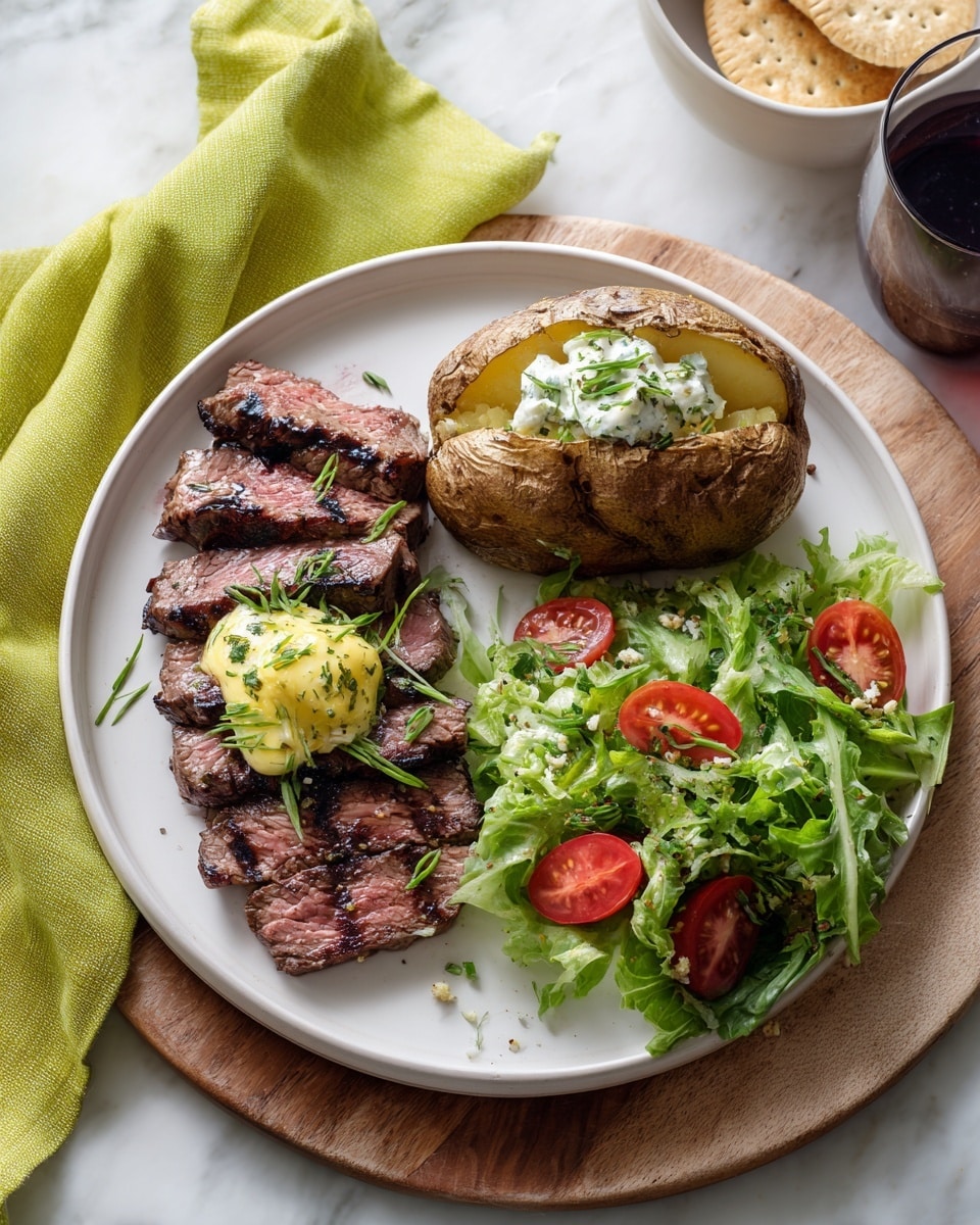 A white plate on a white marbled surface holds a meal with three main parts. On the left side are five thin slices of grilled steak with dark grill marks, topped with a dollop of yellow herb butter melting over the meat, garnished with small green herb sprigs scattered around. To the right of the steak is a baked potato with a rough brown skin, split open to reveal fluffy white inside, topped with sour cream and sprinkled with chopped chives. On the lower right side is a fresh green lettuce salad mixed with halved bright red cherry tomatoes. The plate rests on a round wooden board, and a lime green cloth napkin is placed to the left. In the background, a small white bowl with two round crackers and a dark glass of drink are slightly visible. Photo taken with an iphone --ar 4:5 --v 7