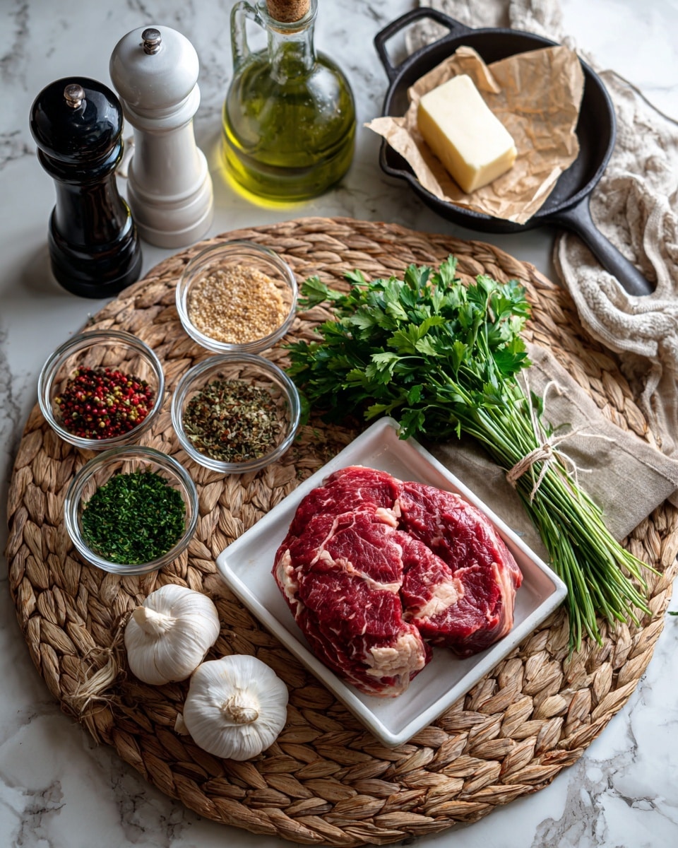 The image shows raw red meat in a white tray placed on a round woven mat. Next to the meat is a bundle of fresh green parsley. Around them are small clear bowls containing various spices with different textures and colors, including green herbs and red chili flakes. There are two whole white garlic bulbs near a stick of butter wrapped in paper. In the background, there are two tall black and white shakers labeled pepper and sea salt, a green bottle of olive oil, and a black cast iron skillet, all placed on a white marbled surface. photo taken with an iphone --ar 4:5 --v 7