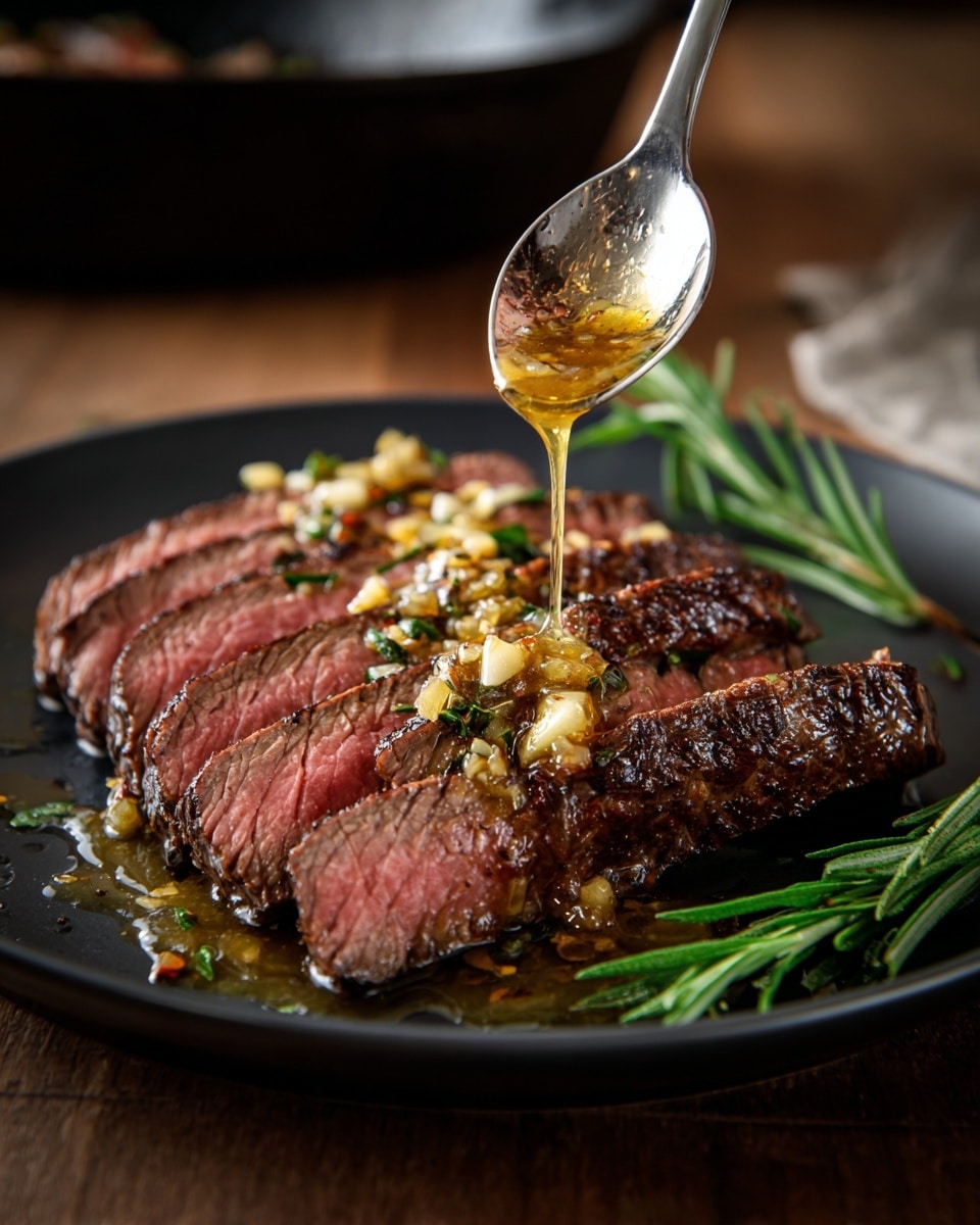 A black plate with six thick slices of cooked steak arranged in a row, showing a pink inside and a dark, seared outside. A shiny spoon above the steak drizzles a golden sauce mixed with small pieces of garlic and herbs. Two small green sprigs of rosemary lie to the side of the steak. The plate sits on a wooden surface, and the background shows a blurred black cast iron pan. The photo has a warm, inviting light. Photo taken with an iphone --ar 4:5 --v 7
