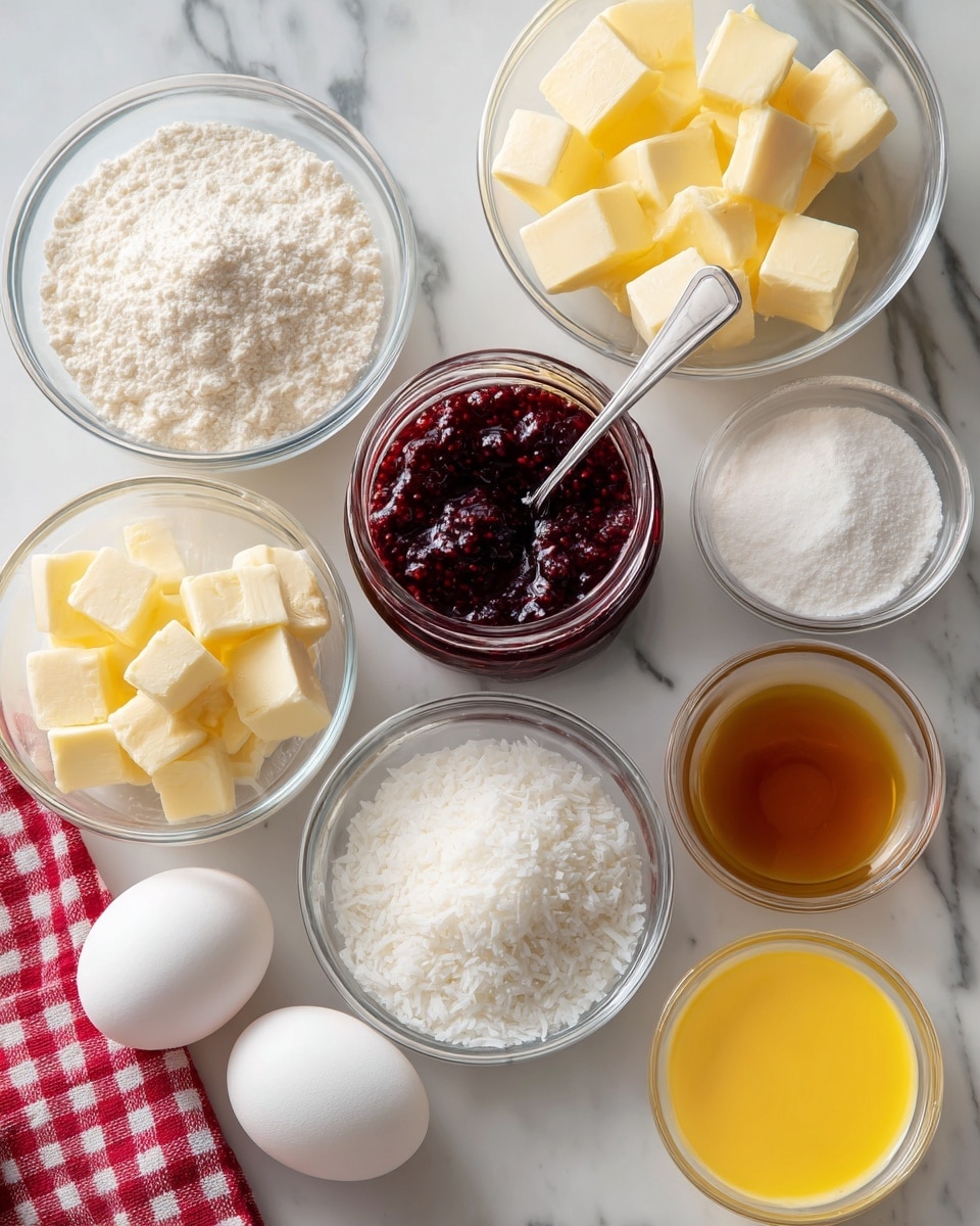 The image shows eight clear glass bowls and a jar arranged neatly on a white marbled surface. There is a jar with a silver lid open, containing dark red jam with visible seeds, and a silver spoon sticking out of it. Around it are bowls containing pale yellow cubes of butter, a white dry powder (flour), a white granulated substance (sugar), a bright yellow liquid (melted butter), a clear light brown liquid (vanilla extract), and a white shredded or flaked substance (coconut). Two white eggs rest on a red and white checkered cloth on the lower left side. The colors are bright and the layout is clean and organized, with visible texture in each bowl’s contents. Photo taken with an iphone --ar 4:5 --v 7