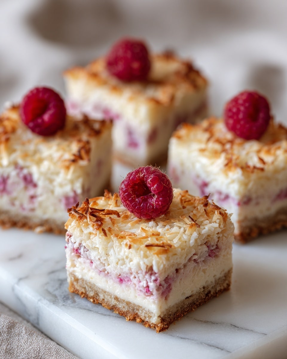 The image shows five square pieces of a dessert bar on a white marbled surface. Each bar has three visible layers: the bottom layer is a light brown crust, the middle layer is a creamy mixture with bits of pink fruit, and the top layer is a golden, toasted coconut topping. Each piece is topped with a single red raspberry in the center. The texture looks crunchy on top and soft inside. The background is softly blurred fabric in neutral tones. photo taken with an iphone --ar 4:5 --v 7