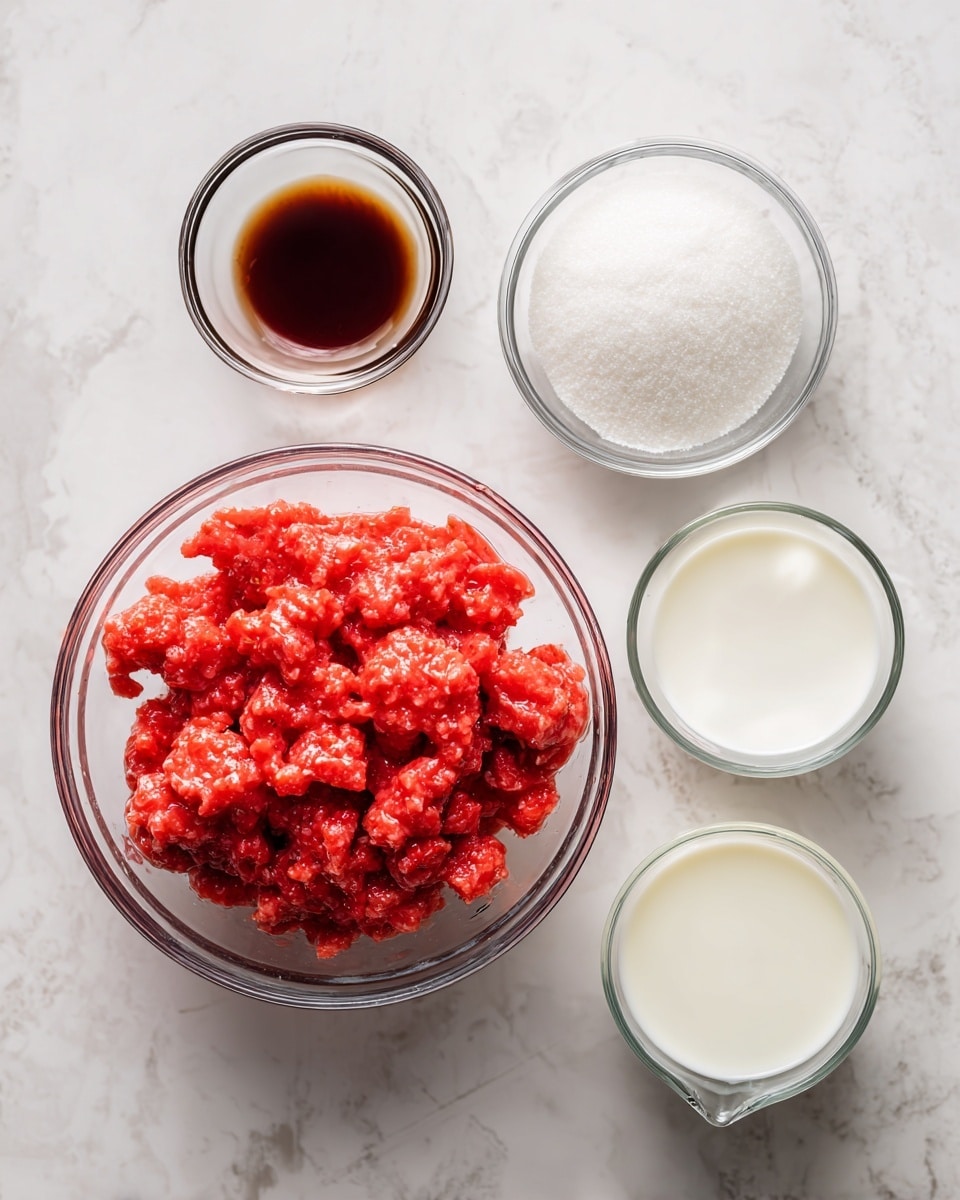 The image shows five containers on a white marbled surface. In the middle, there is a clear glass bowl filled with bright red mashed strawberries that have a chunky texture. To the top left, there is a small clear glass bowl with a dark brown liquid. To the top right, there is a clear bowl filled with white sugar. At the bottom left, there is a clear glass measuring cup filled with foamy white cream. At the bottom right, there is another clear glass measuring cup filled with smooth white milk. photo taken with an iphone --ar 4:5 --v 7