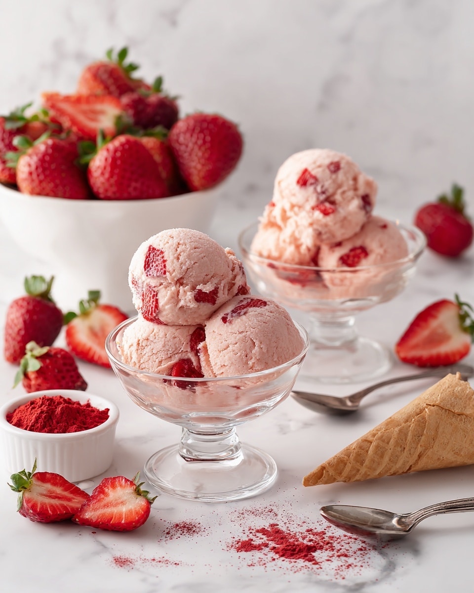 The image shows two small clear glass bowls filled with three scoops each of pale pink strawberry ice cream with pieces of fresh strawberries on top and mixed inside. Next to one bowl is a small white cup filled with red strawberry powder and some scattered powder around it. To the left, a white bowl is full of fresh, ripe strawberries with green leaves, and more strawberries, some whole and some sliced, are scattered on the white marbled surface. A pair of silver spoons rests beside one ice cream bowl. A plain white waffle cone lies empty near the bottom right corner. The whole setup is bright and fresh, with a clean white marbled background and soft natural light. Photo taken with an iphone --ar 4:5 --v 7