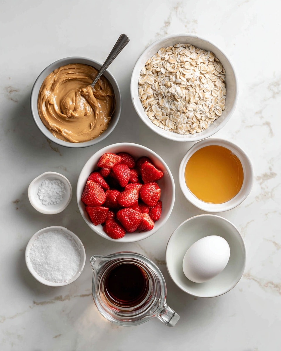 The image shows seven bowls and a measuring cup arranged on a white marbled surface. At the top left, there is a grey bowl filled with smooth, light brown peanut butter with a silver spoon inside it. To the right is a white bowl filled with dry oats that have a beige, slightly textured look. Below the peanut butter bowl is a small white bowl with golden honey that looks shiny and smooth. In the center is a white bowl filled with frozen strawberries, showing bright red color with icy frost on them. To the right of the strawberries, there is an empty white bowl with a single white egg inside. At the bottom left is a small white bowl with a few white coarse salt crystals. Next to it is a smaller white bowl with a dark liquid, likely vanilla extract. In front of this bowl, there is a clear glass measuring cup with about half a cup of white milk. photo taken with an iphone --ar 4:5 --v 7