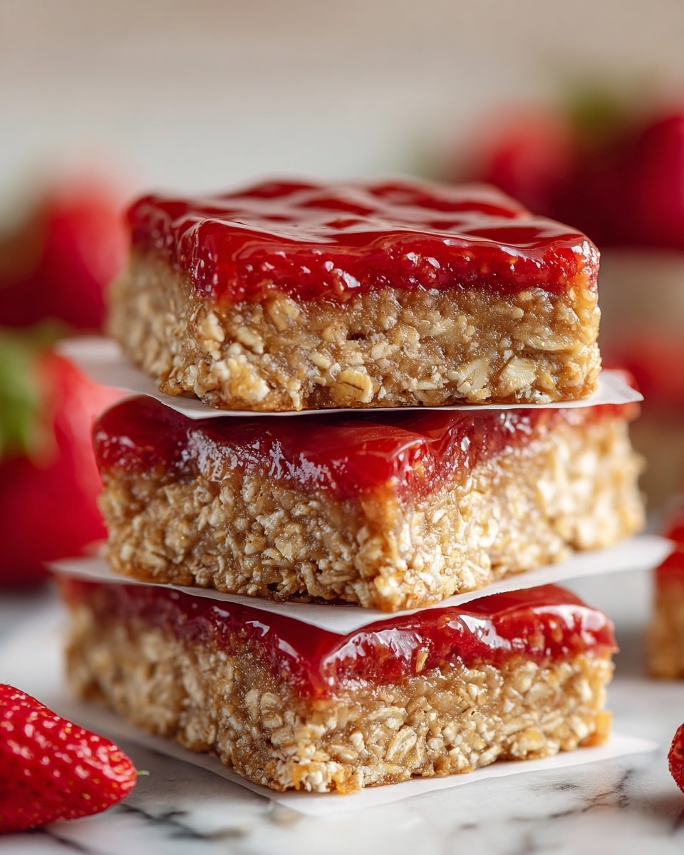A stack of three oat bars with two layers each is shown on a white marbled surface. The bottom layer is a dense, beige oat mixture with visible oats, and the top layer is a shiny, red strawberry glaze. Each bar is separated by white parchment paper. Fresh strawberries are blurred in the background adding color contrast to the image. The bars have a rough texture on the oat layer and a smooth, glossy finish on the strawberry glaze. photo taken with an iphone --ar 4:5 --v 7
