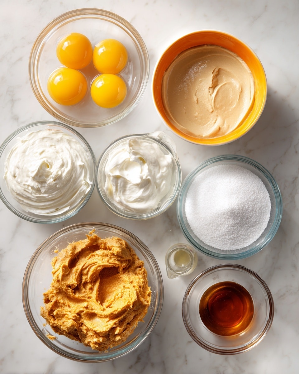 Seven clear glass and white bowls sit on a white marbled surface, each holding different baking ingredients. The top left bowl holds five bright yellow egg yolks. To the right, an orange bowl contains a smooth light tan batter. Next to it, a glass measuring jug is filled with thick white cream. Below the yolks is a glass bowl with thick white cream. The center bottom bowl offers a chunky golden-brown mixture with visible texture and glossy spots. To the right of it, one glass bowl is filled with white granulated sugar, and a small glass bowl next to that holds amber-colored vanilla extract. photo taken with an iphone --ar 4:5 --v 7