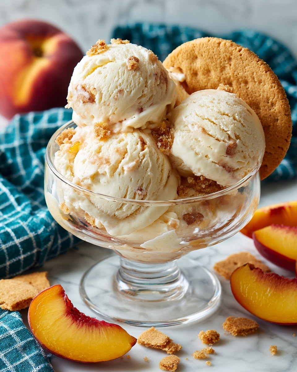 A clear glass dessert cup holds five creamy off-white scoops of ice cream with small bits of peach mixed in, giving it a slightly chunky texture. Behind the scoops, there is a round golden-brown cookie and a thick slice of peach with bright orange-yellow flesh and reddish skin leaning against the side. The dessert cup sits on a white marbled surface covered partially by a teal and white checkered cloth. Around the cup, there are broken pieces of the same type of cookie scattered, along with more slices of fresh peach laid out in front. photo taken with an iphone --ar 4:5 --v 7
