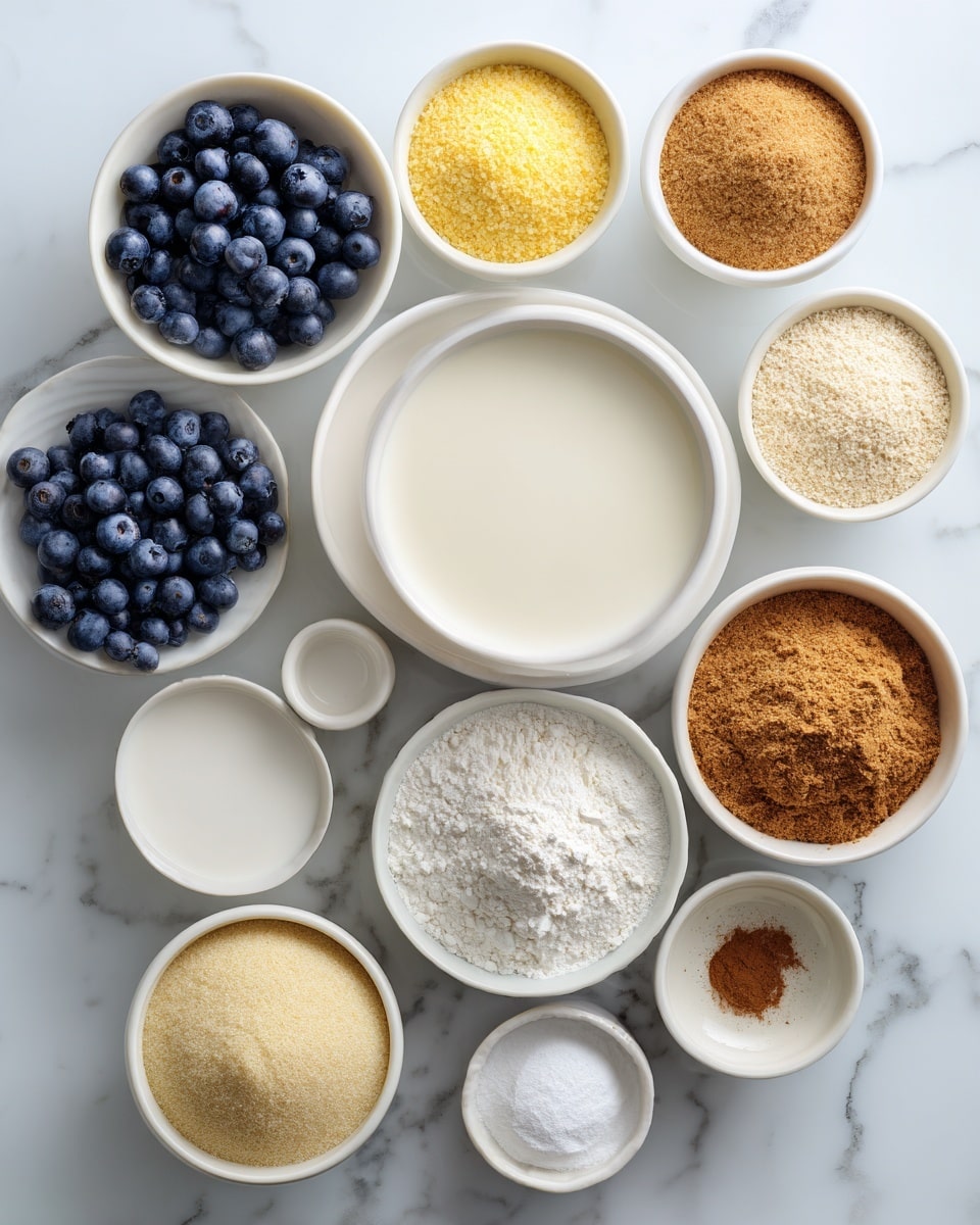 A top view of twelve white bowls placed on a white marbled surface, each containing different ingredients. In the center is a large white bowl filled with a creamy white liquid, surrounded by bowls with various contents: fresh blueberries, granulated sugar, yellow cornmeal, light brown liquid, white powder (possibly baking powder), a small amount of ground cinnamon, and other white and cream-colored powders and liquids. The arrangement is neat and visually organized, showcasing a variety of textures and colors from smooth liquids to granular powders and fresh fruit. photo taken with an iphone --ar 4:5 --v 7