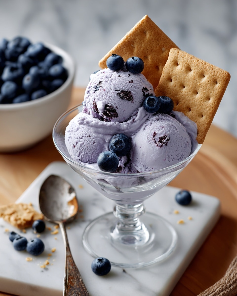 A clear glass dessert cup holds two scoops of creamy blueberry ice cream, light purple with tiny dark blueberry pieces inside. On top, three fresh, plump blueberries rest, along with two square graham crackers stuck into the ice cream at an angle, both light tan with a slight texture. Behind the cup, there is a white bowl filled to the top with fresh blueberries, spilling some onto the table. A silver spoon with a worn handle lies next to the bowl. The dessert cup and bowl sit on a white marbled surface covered partially by a light brown wooden mat. Photo taken with an iphone --ar 4:5 --v 7