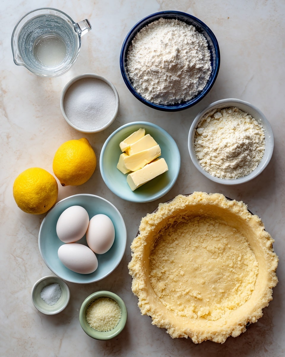 The image shows several baking ingredients neatly arranged on a white marbled surface. On the right side, there is a round pie crust with a light golden color and a crumbly texture. Above it, a small white bowl holds two slices of pale yellow butter. To the left of the crust, a light blue bowl contains four white eggs. Near the eggs, there are two bright yellow lemons positioned side by side. Above the lemons, a navy blue bowl is filled with white granulated sugar, while two smaller bowls contain fine white flour and a powdery white substance, respectively. A glass measuring cup with clear water sits on the top left, next to a small clear bowl of salt. A small green bowl with a fine white powder is placed near the lemons. The overall layout is clear, clean, and organized, with soft natural lighting highlighting the textures and colors of the ingredients. Photo taken with an iphone --ar 4:5 --v 7