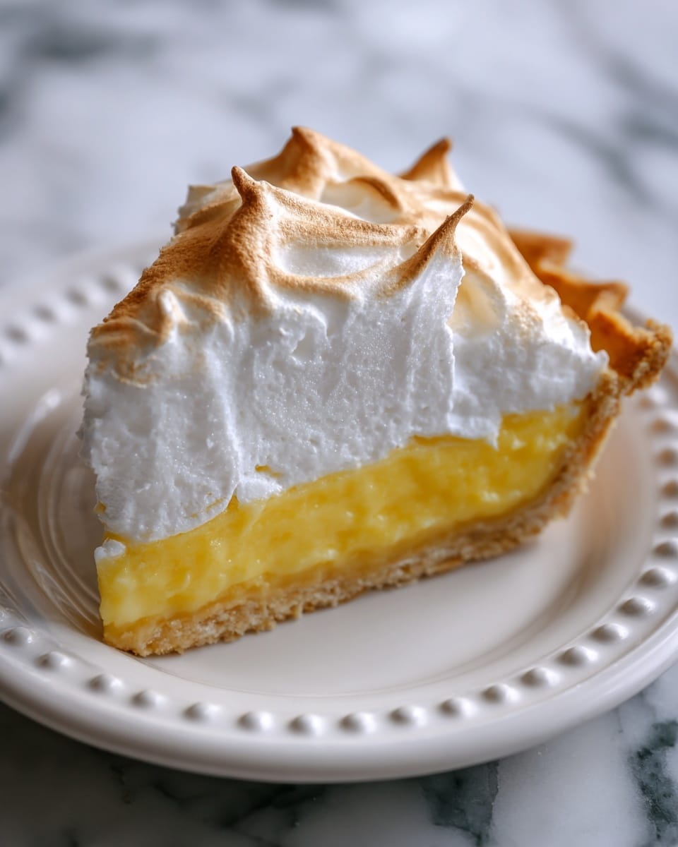 A single slice of lemon meringue pie sits on a white plate with small decorative edges. The pie has two layers: the bottom layer is thick, smooth lemon filling with a bright yellow color, and the top layer is a fluffy, white meringue with lightly golden brown peaks and soft swirls. The crust beneath is thin, light brown, and slightly crispy, visible at the pie's edge. The background is a white marbled surface. photo taken with an iphone --ar 4:5 --v 7