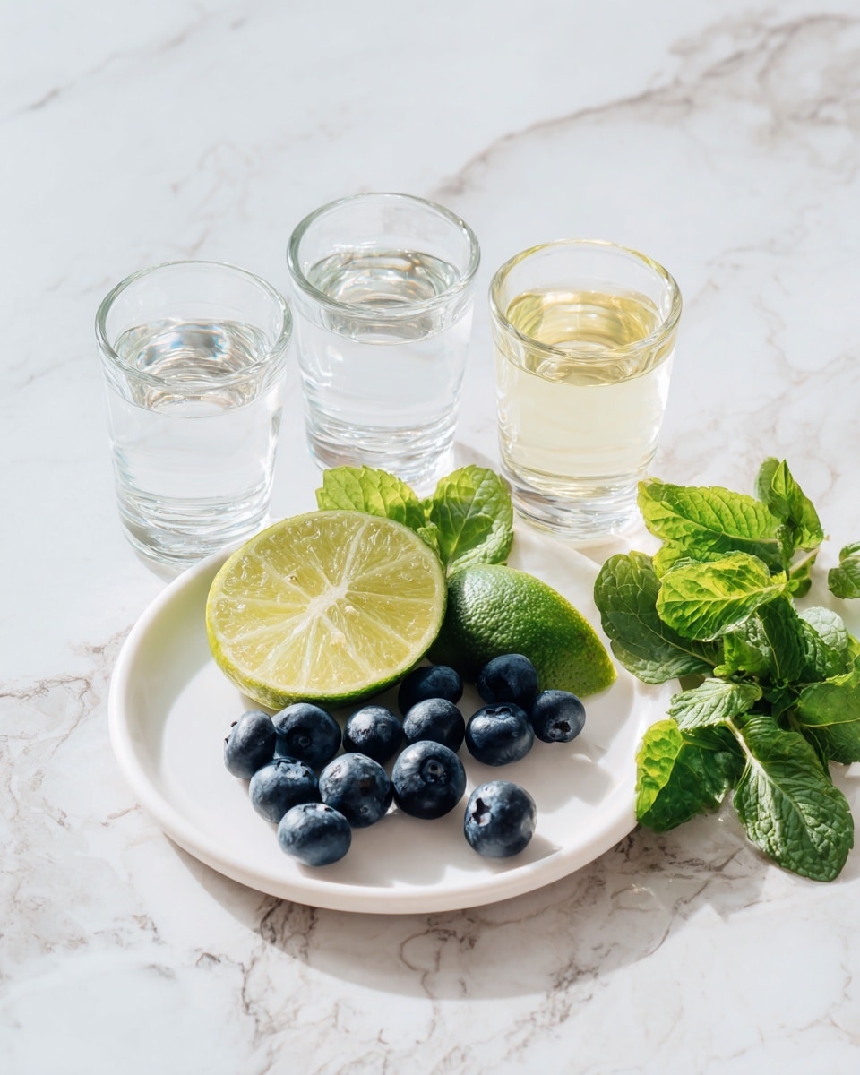 The image shows a clean white marbled surface with a small white plate in the center holding a slice of lime next to fresh green mint leaves. In front of the plate, there is a small cluster of fresh blueberries. Behind the plate, there are three clear shot glasses filled with different liquids: one has a clear liquid, the middle one is filled with a slightly cloudy liquid, and the third glass contains a light yellow liquid. To the right of the glasses, another small pile of fresh green mint leaves is placed directly on the white marble. The whole scene looks fresh and simple with soft natural light, photo taken with an iphone --ar 4:5 --v 7