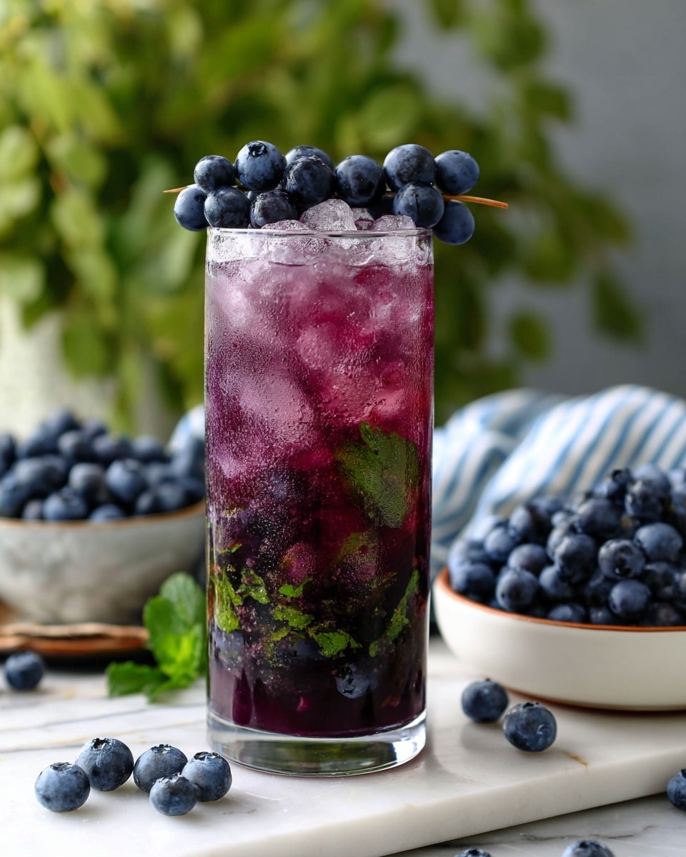 A clear glass filled with a deep purple drink, containing visible crushed ice pieces and muddled green mint leaves mixed in. The top layer has a skewered bunch of dark blue grapes resting horizontally across the rim. Behind the glass, a white bowl is filled with more dark blue grapes. The scene is set on a white marbled surface with some blurred greenery and blue striped fabric in the background. Photo taken with an iphone --ar 4:5 --v 7