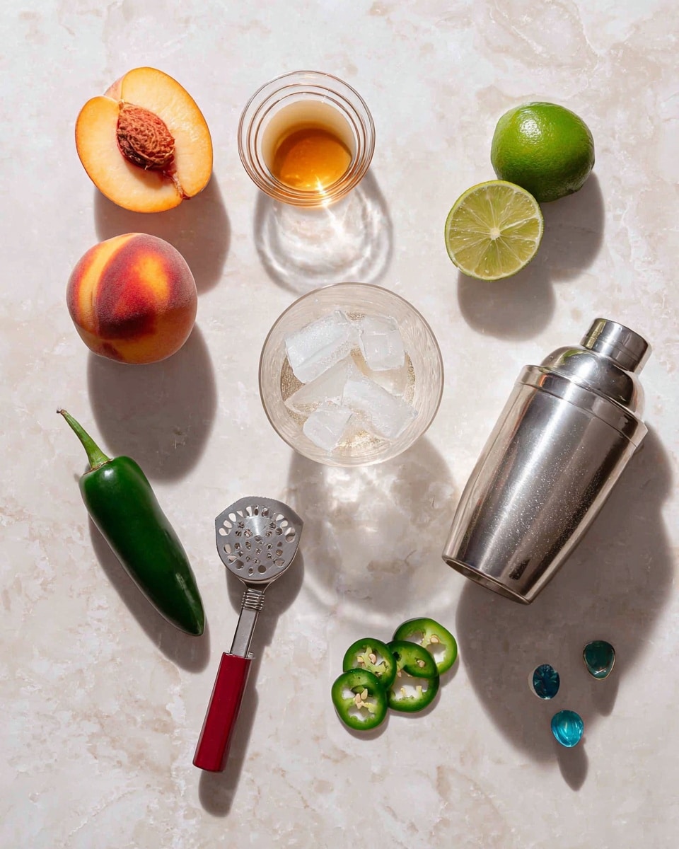The image shows various items placed on a white marbled texture. There is a small glass bowl with a light brown liquid on the top left, next to half of a peach with the pit visible and a slice of peach. To the right, two lime halves, one whole and one cut in half, are positioned near the top right corner. Below them is a white glass filled with ice cubes. Near the center, a clear glass container sits next to a shiny metal cocktail shaker with its cap removed and lying beside it. A green jalapeño pepper is at the bottom left, accompanied by a red-handled peeler with a metal blade. Three slices of green jalapeño and two small green seeds are placed above the glass container. A blue spoon is also near the center-right. The whole setup displays a neat and clean arrangement with natural lighting. Photo taken with an iphone --ar 4:5 --v 7