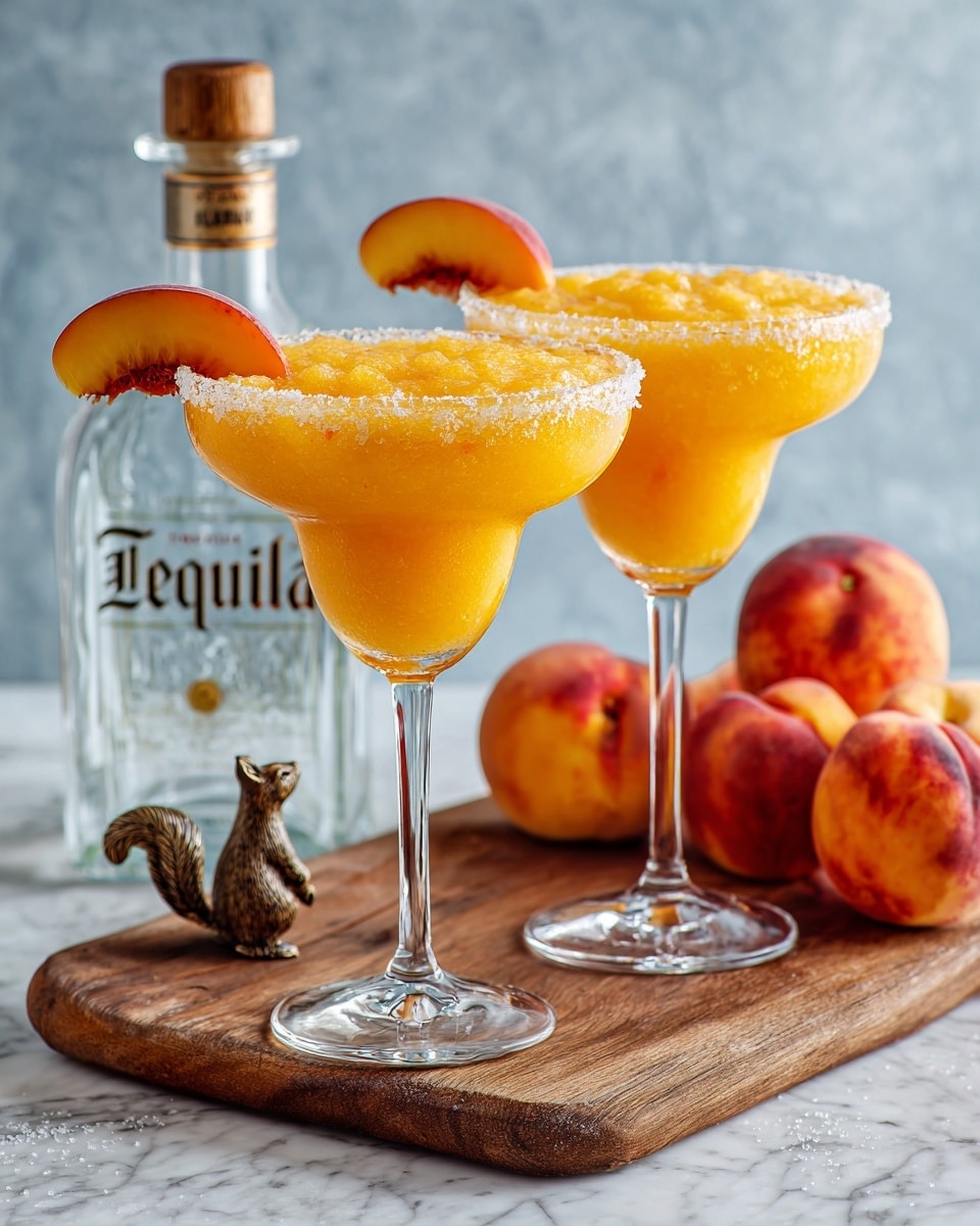 Two tall martini glasses filled with bright orange peach cocktails are placed on a wooden board. Each glass has a rim coated with sugar and a peach slice resting on the edge. In the background, whole peaches show their fuzzy orange and red skin. A tall clear glass bottle with