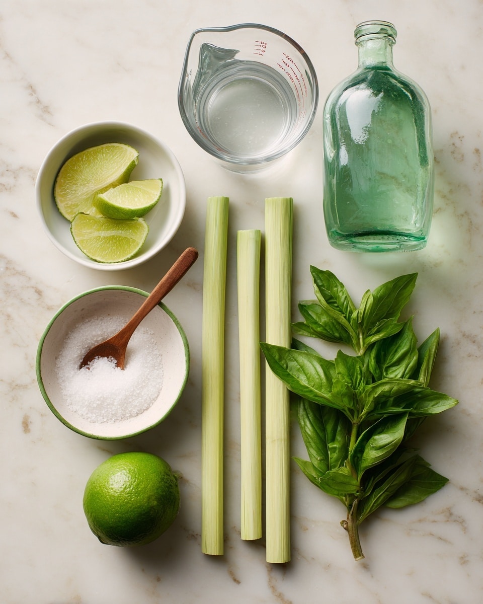 The image shows six ingredients arranged in a neat row on a white marbled surface. From left to right, there is a small white bowl with three lime wedges inside, a clear glass measuring cup with water, three long light green lemongrass sticks placed vertically, a whole bright green lime, a white bowl with a green rim filled with white salt and a small wooden spoon resting inside, and a small bunch of fresh green mint and basil leaves. Behind the row on the right side, there is an empty clear green glass bottle. photo taken with an iphone --ar 4:5 --v 7