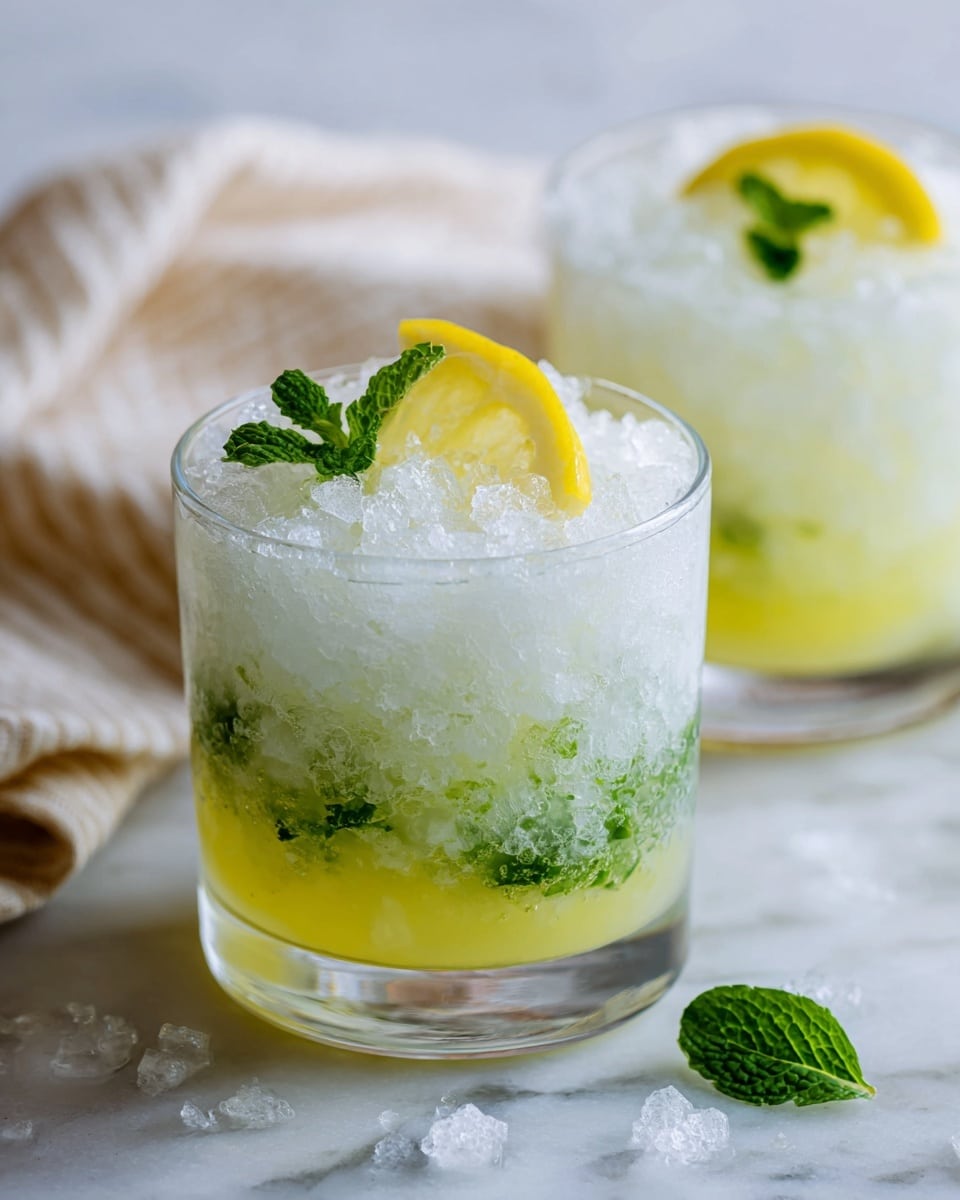 Two short white glasses on a white marbled surface, each filled with three main layers: a bottom layer of yellow lemonade, a middle layer of crushed ice, and a top layer with green mint leaves and a slice of lemon floating on the ice. A light-colored cloth with beige stripes is seen blurred in the background. A green mint leaf is placed on the surface near the front glass. Photo taken with an iphone --ar 4:5 --v 7