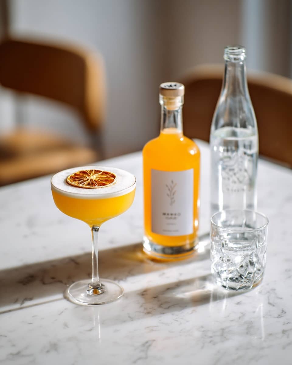The image shows a small clear bottle of orange-colored Mango Fruit Mixer with a white label and black cap placed on a white marbled surface. To the left of the bottle, there is a white coupe glass filled with a bright orange drink topped with a frothy pale yellow layer and garnished with a round slice of dried orange sitting flat on the foam. To the right and slightly behind the bottle, there is a tall clear bottle of sparkling water and a small clear glass with some water inside, all arranged on the white marbled surface that extends into the background. Photo taken with an iphone --ar 4:5 --v 7