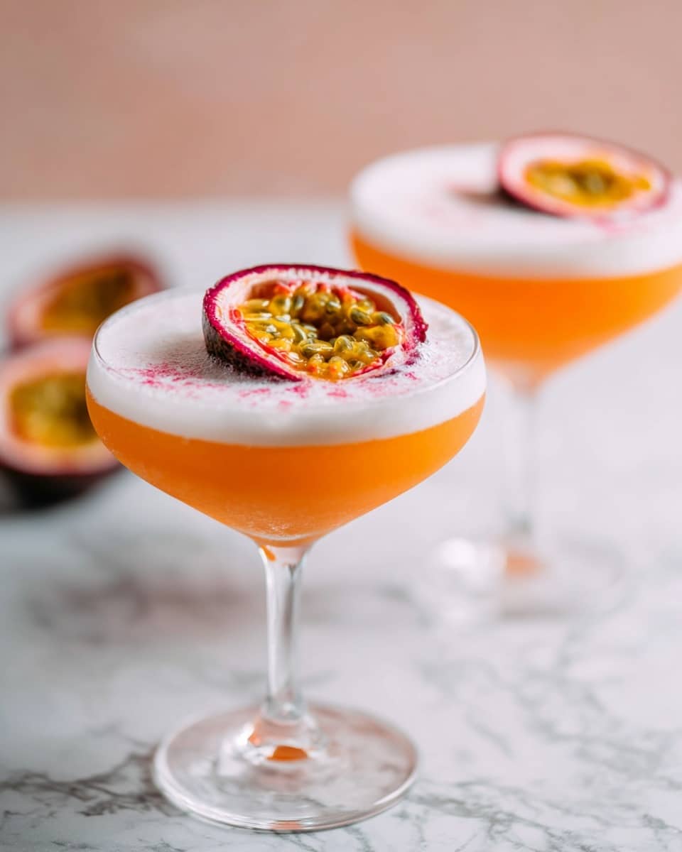 Two clear cocktail glasses stand on a white marbled surface. Each glass holds a bright orange-pink liquid topped with a thick layer of white foam. On top of the foam rests a single half of a passion fruit with a dark purple and brown outer skin, bright pink inner edges, yellow seed pulp, and black seeds. The background is soft peach color, giving a warm and light atmosphere. Photo taken with an iphone --ar 4:5 --v 7