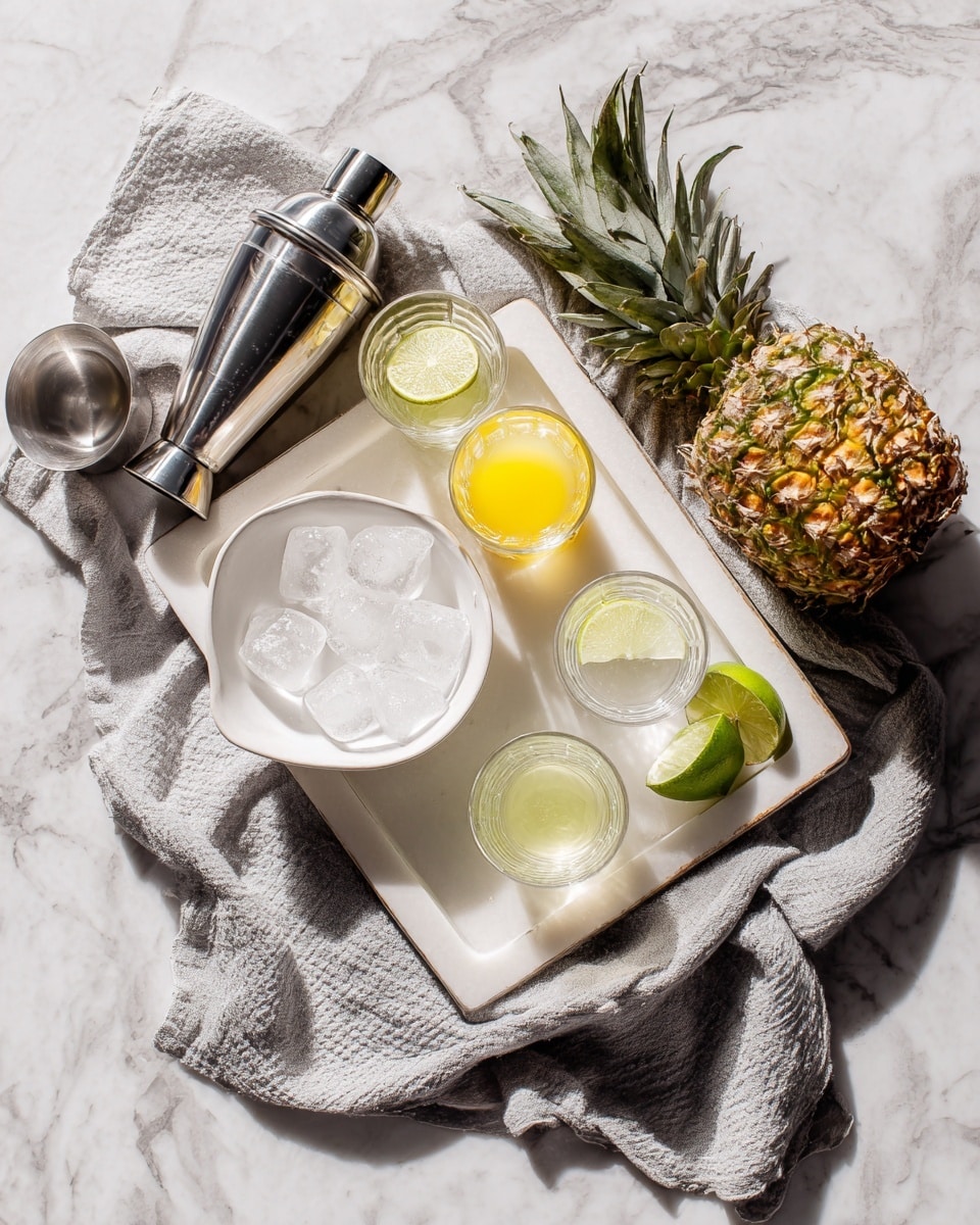 A white marbled tray holds four small glasses with different drinks and a wedge of lime: one glass with clear liquid near the center, one with yellow juice on the right, one with a light green liquid near the lime, and a very small glass with clear liquid near the bottom. A small white bowl filled with large ice cubes is placed on the tray's bottom left. A whole pineapple is placed on the top right edge of the tray. The tray rests on a white marbled surface with a silver metal shaker and a metal jigger on the upper left. A gray cloth napkin is draped around the tray’s lower right corner. photo taken with an iphone --ar 4:5 --v 7