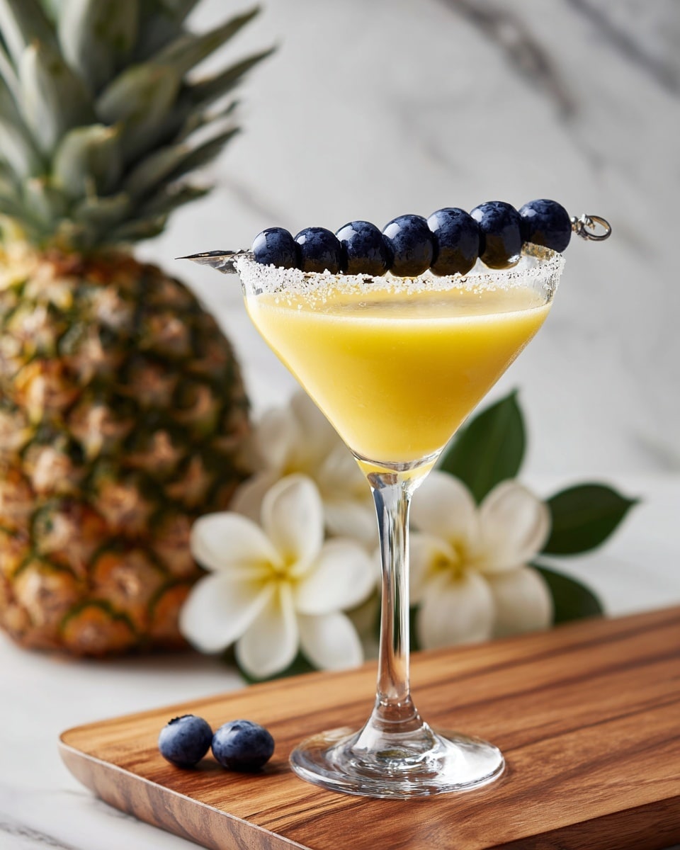 A clear martini glass filled with a smooth yellow drink that has a light frothy texture on top, with a thin layer of salt around the rim. On the edge of the glass rests a skewer of eight shiny, dark blueberries, arranged in a straight line. The glass is set on a wooden board, and behind it is a whole pineapple with green leaves, as well as white flowers. The background is a white marbled texture. Photo taken with an iphone --ar 4:5 --v 7
