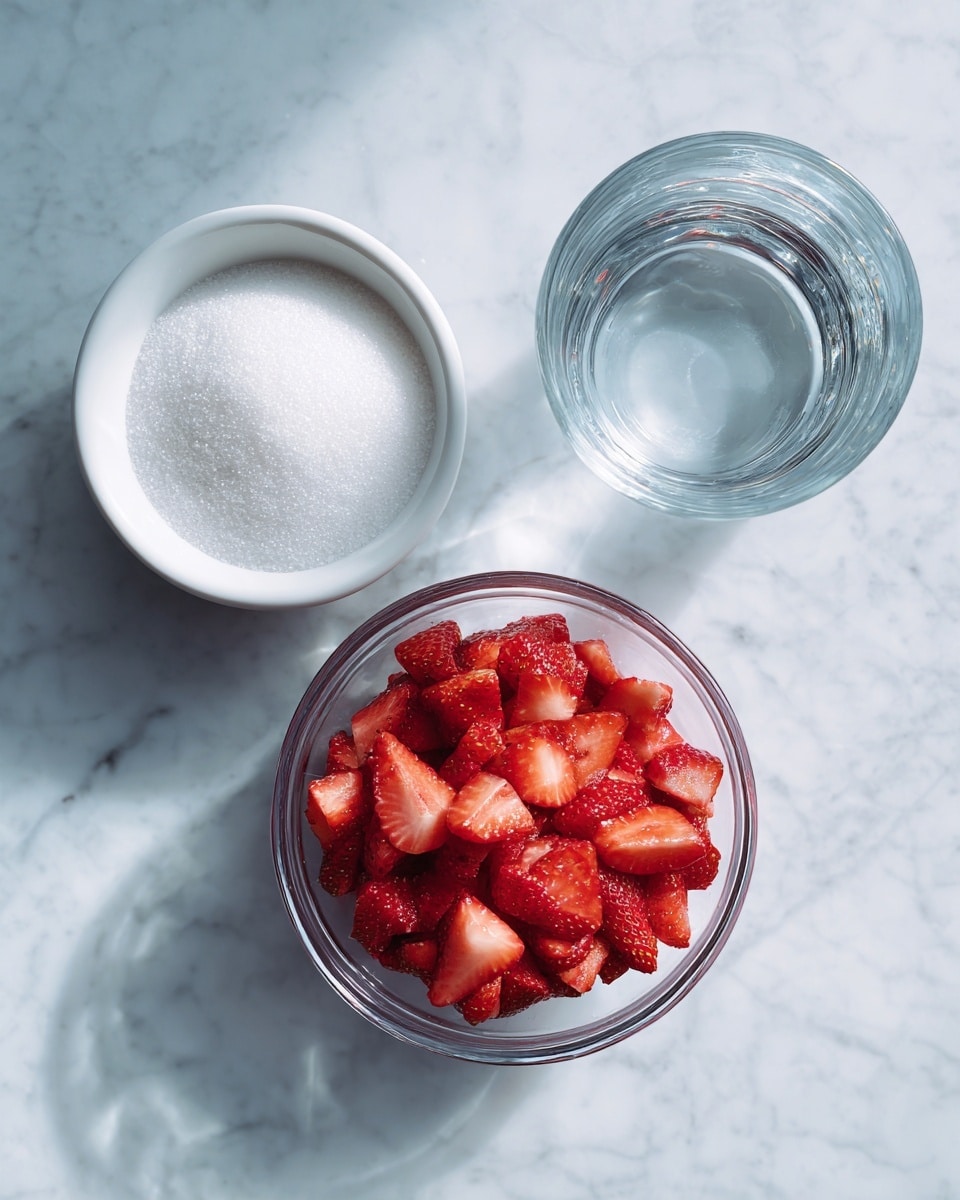 The image shows three bowls placed on a white marbled surface. On the left, there is a white bowl filled with white granulated sugar, showing a smooth and even texture. In the center, a clear glass bowl holds bright red, chopped strawberries with a fresh and juicy appearance. On the right, a clear glass cup contains water, which is transparent and calm, reflecting light softly. All items are arranged in a neat row, viewed from above, with soft natural lighting creating gentle shadows. photo taken with an iphone --ar 4:5 --v 7
