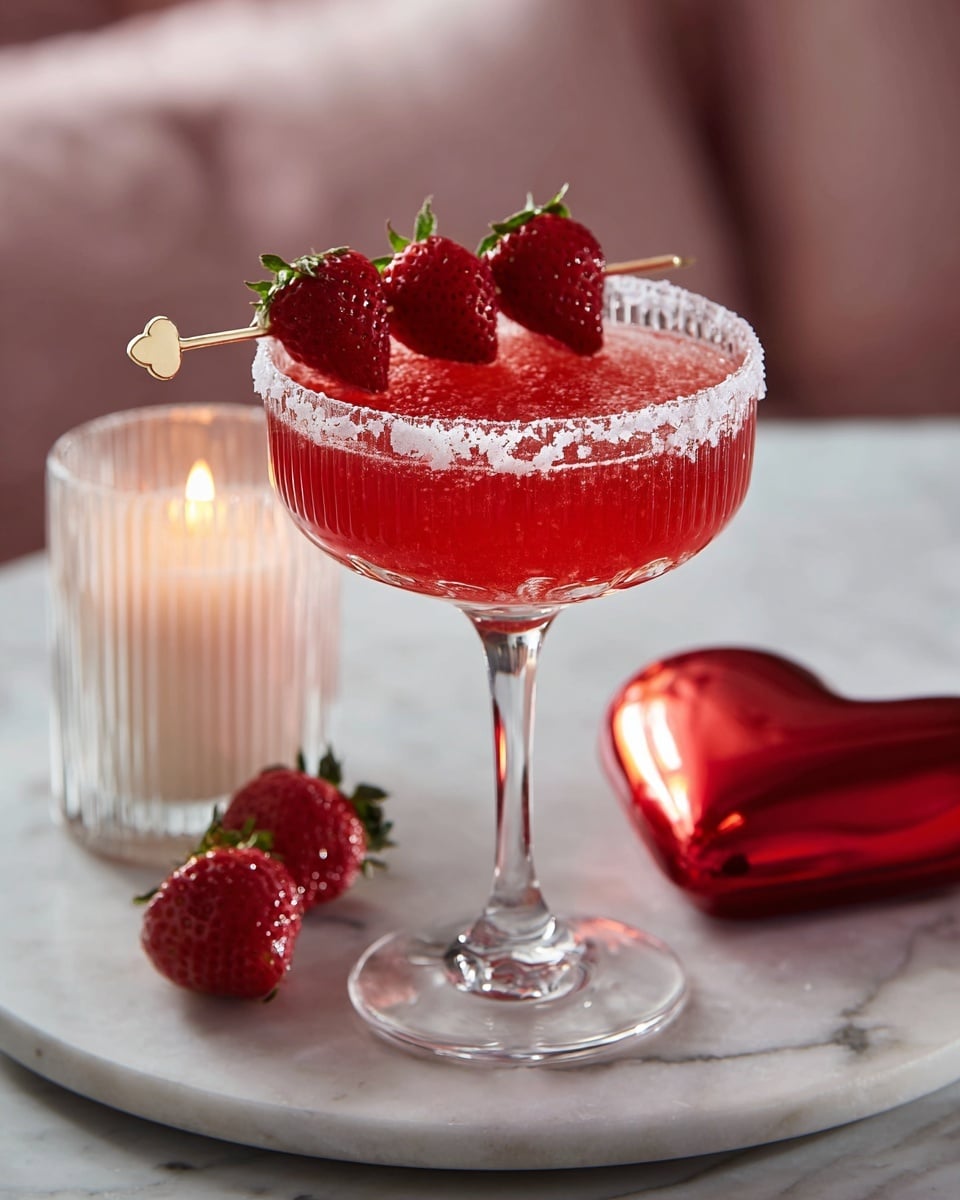 A clear glass cocktail glass with a short stem and ribbed texture around the bowl holds a bright red drink with a smooth, icy surface. The rim of the glass is coated evenly with coarse white sugar. A small gold skewer with a heart-shaped end lays across the top of the glass, pierced with four fresh red strawberries lined up in a row. The glass sits on a round white marble surface, with a lit candle in a translucent ribbed white holder nearby and a red heart decoration in the blurry light pink background. photo taken with an iphone --ar 4:5 --v 7