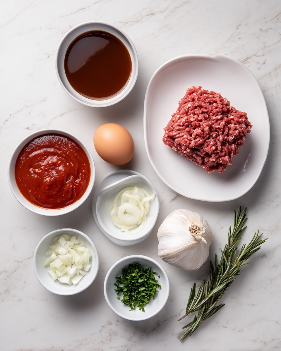 The image shows a white marbled surface with several cooking ingredients arranged neatly. On the right, a white plate holds a square block of raw ground meat next to a single brown egg. To the left, a small white bowl filled with a dark brown thick sauce sits beside a larger white bowl containing a red tomato sauce. Below them, three smaller white bowls hold chopped white onions, chopped green herbs, and a sprig of fresh rosemary is placed next to a whole garlic bulb. The overall layout is clean and organized, highlighting each ingredient's color and texture clearly. photo taken with an iphone --ar 4:5 --v 7