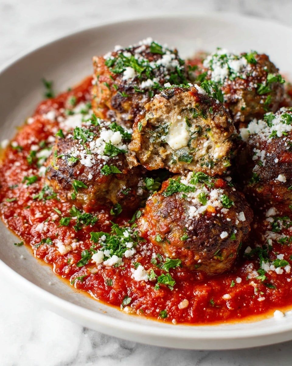 The image shows a white plate filled with a thick layer of chunky red tomato sauce, covering the bottom. On top of the sauce is a layer of round meatballs that have a rough, brown texture with bits of green herbs mixed inside. Two of the meatballs are sliced open to show a white cheese center. The meatballs are sprinkled with finely grated white cheese and a generous amount of chopped green parsley. The plate rests on a white marbled surface. Photo taken with an iphone --ar 4:5 --v 7