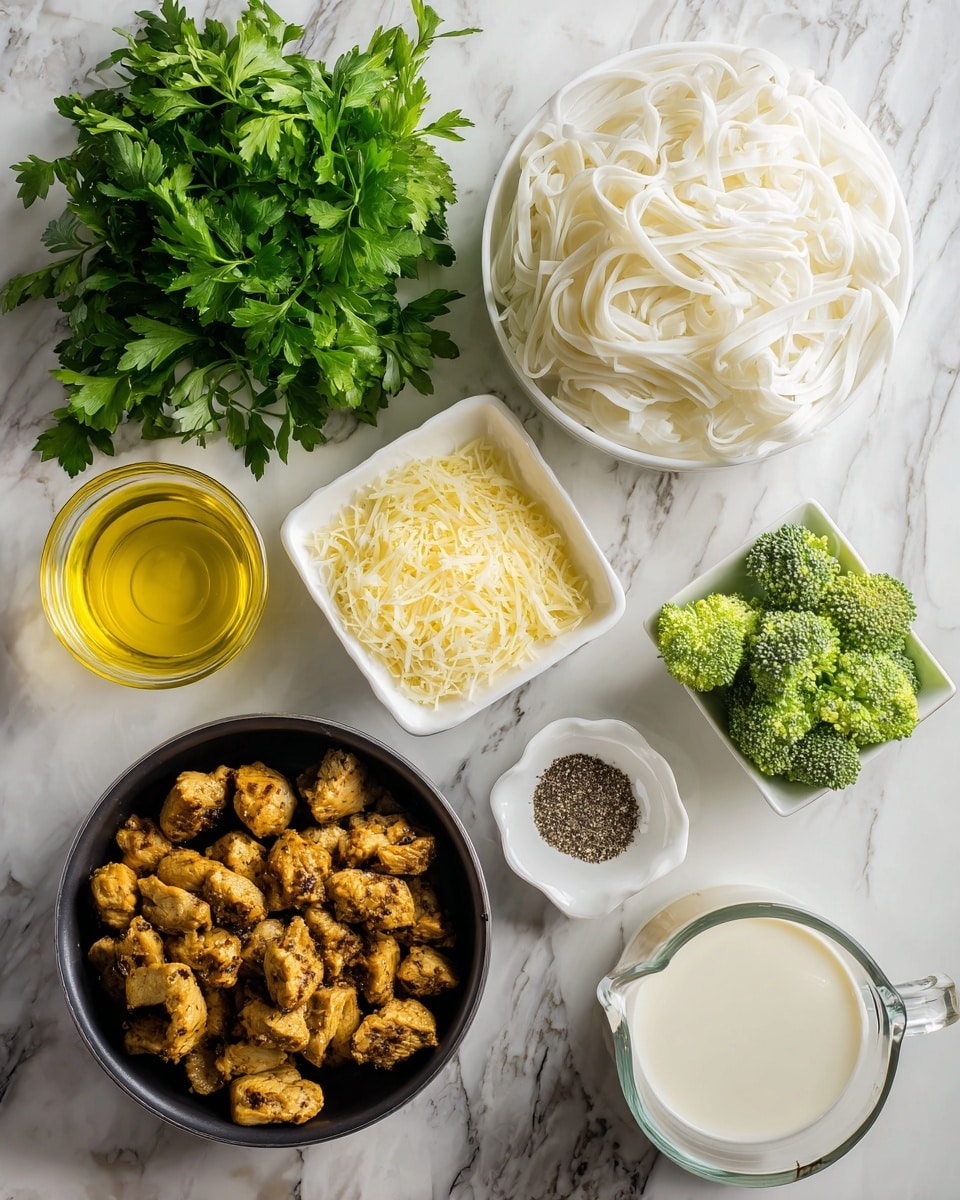 The image shows a white marbled surface with several ingredients arranged neatly: a bunch of fresh green parsley leaves at the top left, a clear glass cup filled with yellow olive oil next to it, a white bowl filled with white flat noodles to the right, and a black pan with small, browned pieces of cooked chicken in the lower right corner. Nearby, there is a small white scalloped bowl holding black and white pepper, a square white dish filled with light yellow grated cheese, a small white bowl with bright green broccoli florets, and a clear measuring cup with creamy white milk. photo taken with an iphone --ar 4:5 --v 7