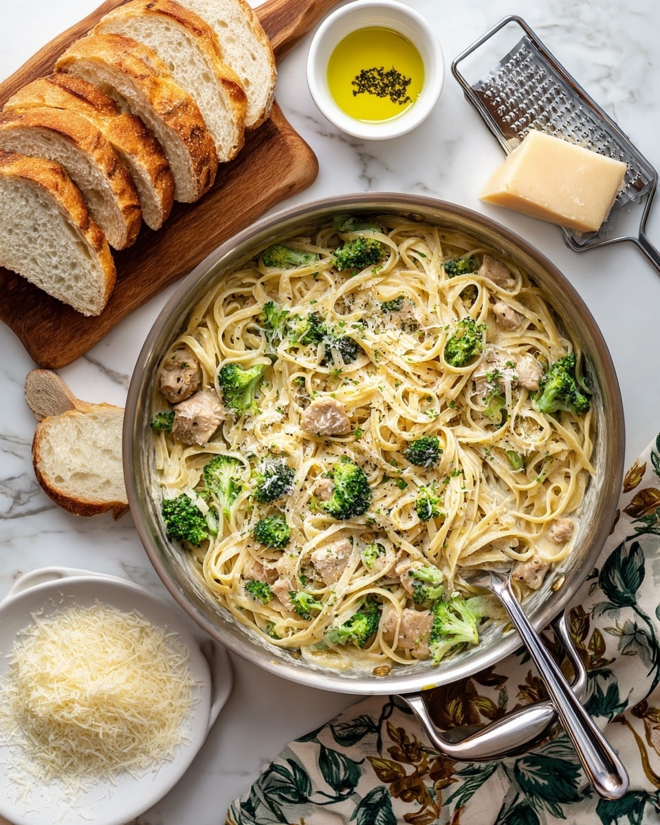 The image shows a top view of a large pan filled with creamy pasta, light beige in color, mixed with small, light brown chicken pieces and bright green broccoli florets evenly spread throughout. The pasta strands are coated in a smooth sauce, tangled and layered all over with some chicken and broccoli pieces peeking through. A silver pasta fork is stuck inside the pan, positioned slightly to the right. To the left of the pan, there are several slices of crusty bread with a light golden crust arranged on a white cutting board, next to a small white bowl filled with olive oil and herbs. Below that, a white plate holds a block of hard cheese with some grated pieces scattered nearby and a grater resting on top. All this is set on a white marbled surface with a cloth featuring a green and brown leaf pattern visible in the bottom right corner. The photo taken with an iphone --ar 4:5 --v 7