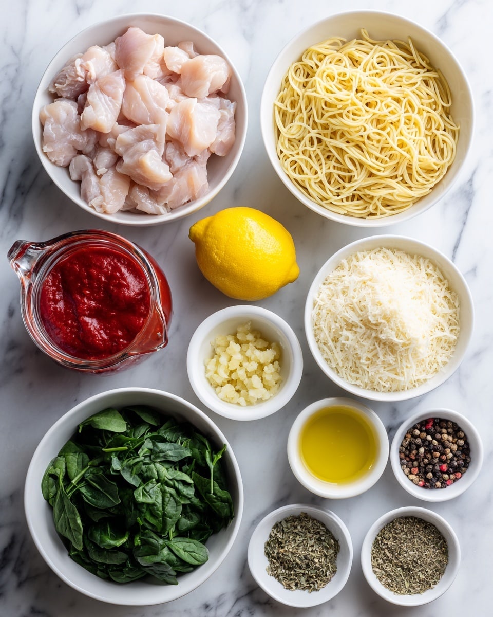 A flat lay of nine bowls and a lemon placed on a white marbled surface, featuring layers of ingredients for cooking. At the top left, a white bowl holds raw pale pink chicken pieces. To its right, a white bowl is filled with uncooked orzo pasta, pale yellow and glossy. Below the chicken, there’s a white bowl full of fresh dark green spinach leaves. In the center, a small bowl contains minced garlic, light creamy yellow in color. To the right of that, a white bowl with grated Parmesan cheese, pale yellow and fluffy. Below these, a bright yellow lemon sits center-left. A clear glass jug with red tomato sauce is placed to the left of the lemon. In the bottom row, a small white bowl contains golden olive oil, and next to it two small white bowls hold dried herbs and whole peppercorns, with green and dark brown colors. Photo taken with an iphone --ar 4:5 --v 7