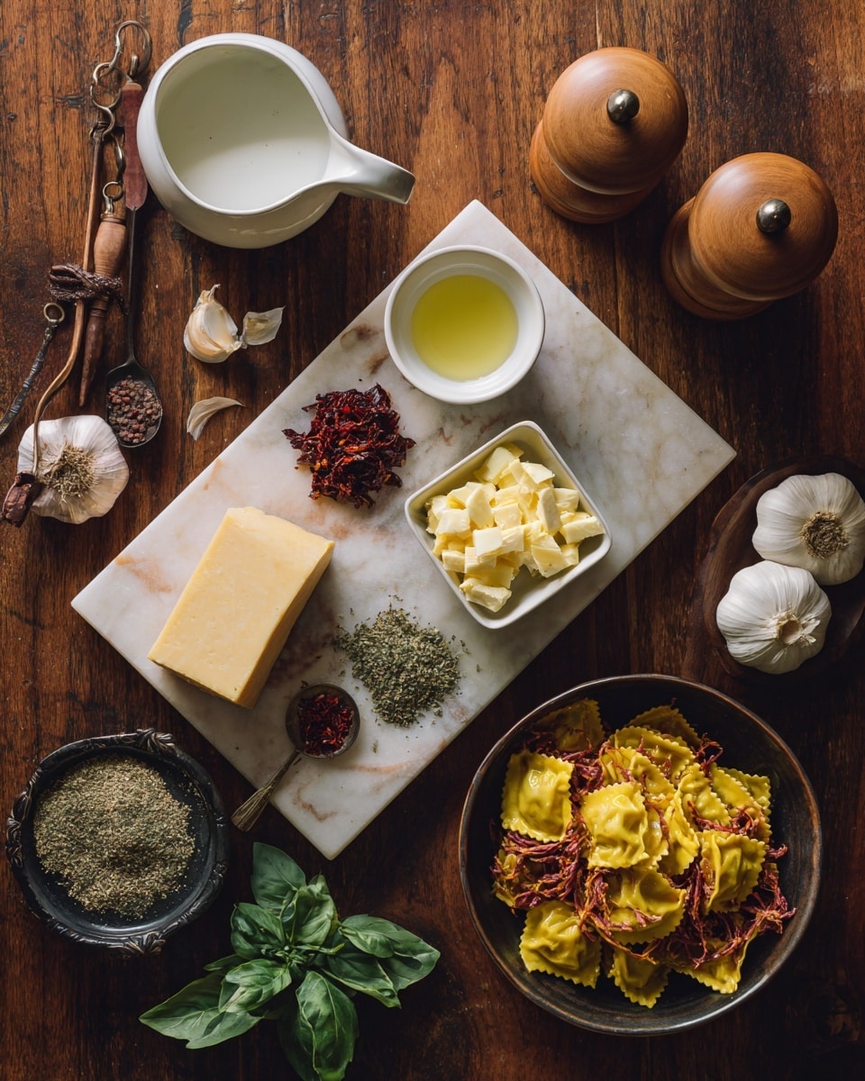 A white marbled cutting board is placed on a dark wooden table, holding various ingredients: a small white cup filled with a thick white liquid on the top left, a small white cup with light yellow oil below it, a bunch of small measuring spoons with one holding red paste, a small dark plate with green and red spices, a long piece of light yellow hard cheese, two garlic cloves, and a shallot. To the right on the table, there is a white butter dish with two yellow butter cubes and matching lid, two wooden pepper grinders, and a dark bowl filled with red and yellow striped ravioli pieces with a few basil leaves on the side. The photo taken with an iphone --ar 4:5 --v 7