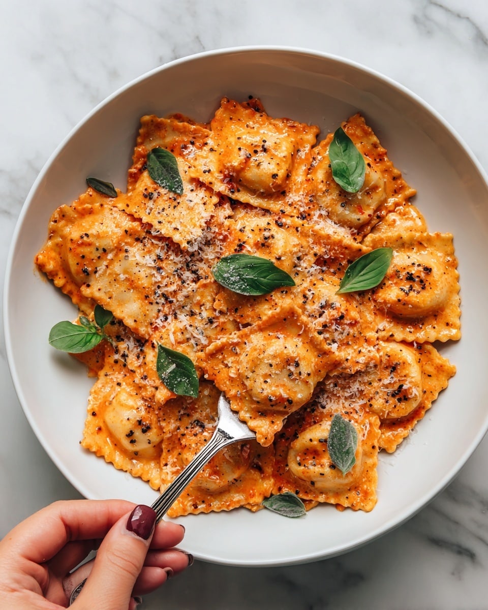 A white bowl filled with ravioli pasta in a thick orange-red creamy tomato sauce with black pepper specks throughout. The ravioli have a smooth, slightly wrinkled texture and are covered with grated white cheese. Small green basil leaves are placed on top of the pasta for decoration. A silver fork held by a woman's hand is lifting one ravioli, showing its soft texture and sauce coating. The background surface is a white marbled texture. photo taken with an iphone --ar 4:5 --v 7
