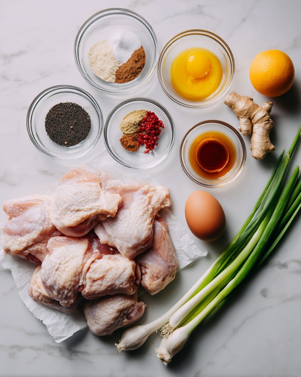 The image shows raw chicken pieces on white paper placed on a white marbled surface. Surrounding the chicken are small clear glass bowls with different ingredients: black pepper, a white powder, brown sugar, a dark liquid, a light clear liquid, and red chili flakes. There is one whole egg, a whole orange, a small piece of ginger, a garlic clove, and three green onions on the right side. All the items are neatly arranged, giving a clean and organized look. Photo taken with an iphone --ar 4:5 --v 7