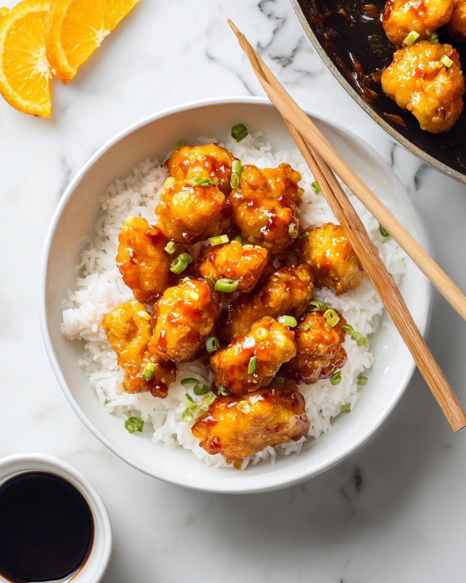 A white bowl filled with a base layer of plain white rice, topped with several pieces of golden-brown glazed chicken coated in a shiny orange sauce, garnished with small green scallion pieces scattered over the chicken. Light wooden chopsticks rest diagonally across the bowl. Surrounding the bowl on a white marbled surface are orange slices, a small white cup filled with a dark soy-like sauce, and part of a frying pan with more pieces of chicken still inside. The image is bright and clean, highlighting the contrast between the golden chicken, white rice, and green garnish. Photo taken with an iphone --ar 4:5 --v 7