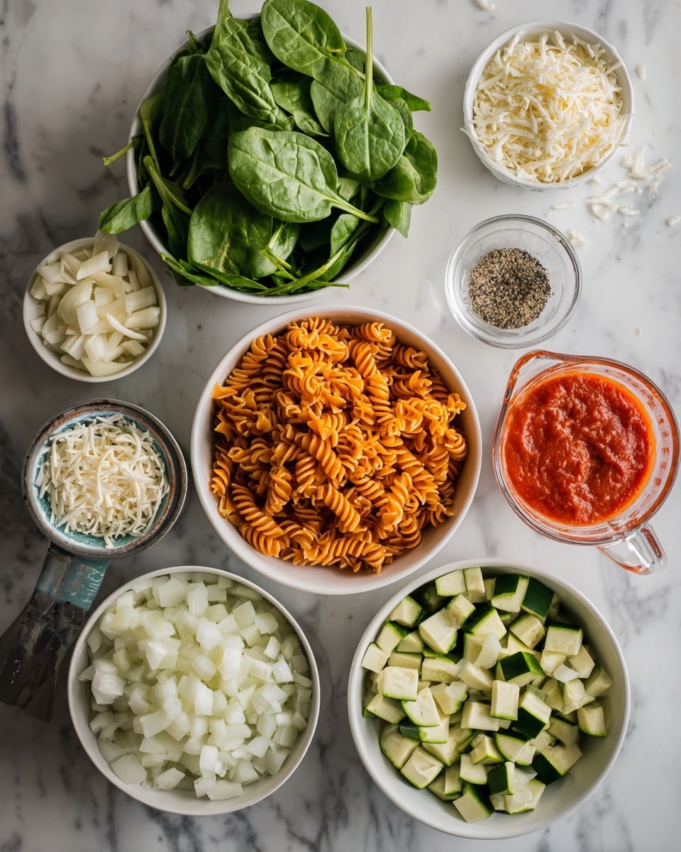 The image shows several white bowls arranged on a white marbled surface, each containing different ingredients. One bowl is filled with orange spiral pasta, another with fresh green spinach leaves on the top left, a bowl with chopped white onion pieces, and one with cubed green zucchini. There is also a bowl with grated white cheese and a small bowl with black pepper. A small dish holds minced garlic, and a glass measuring cup contains a bright red tomato sauce. A can of coconut milk, slightly tilted, is placed near the center of the layout. The overall scene presents fresh and colorful raw ingredients ready for cooking. photo taken with an iphone --ar 4:5 --v 7