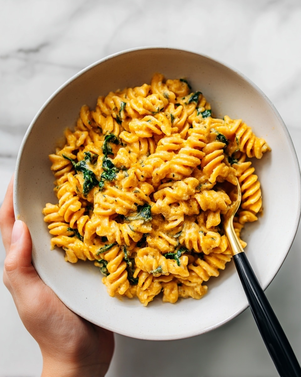 A close-up of a bowl with creamy orange pasta with small spiral shapes, mixed with bits of green spinach scattered throughout. The pasta sauce looks thick and smooth, covering each piece evenly. The bowl is white with a matte texture, and a black spoon with a gold tip rests inside it. The background has a white marbled texture, and a woman's hand is holding the bowl slightly from the side. photo taken with an iphone --ar 4:5 --v 7