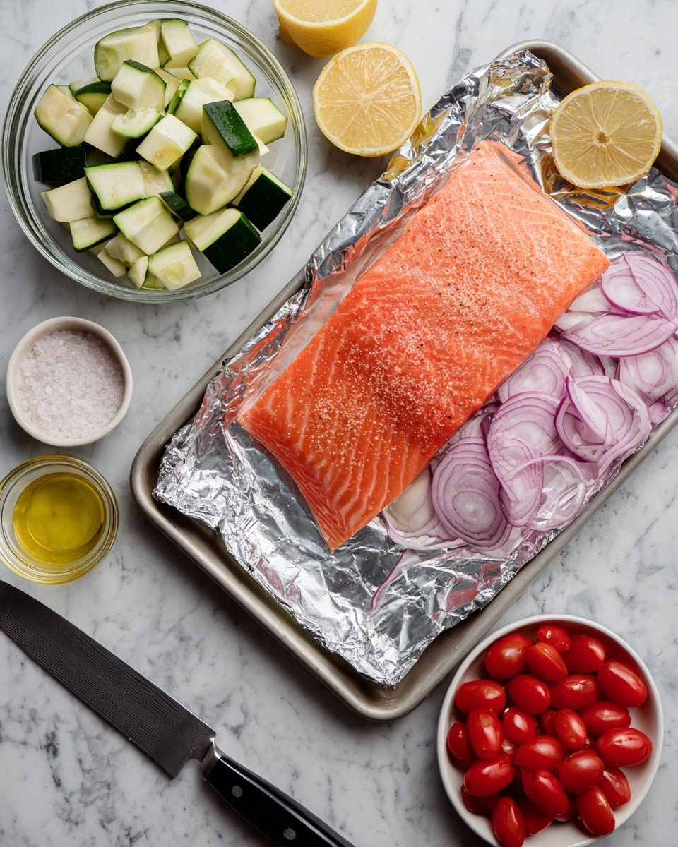 A large piece of bright orange salmon, lightly sprinkled with salt, lies in the center of a shiny metal tray covered with foil. Above it, a clear glass bowl holds cubed pieces of green and white zucchini. To the right of the tray, there are thinly sliced red onions arranged on the white marbled surface near a black-handled knife. In the bottom right corner, a shiny white bowl is filled with small red cherry tomatoes. Near the top left corner, two lemon wedges rest next to a small white dish filled with salt and a small clear glass bowl with golden yellow oil. Photo taken with an iphone --ar 4:5 --v 7