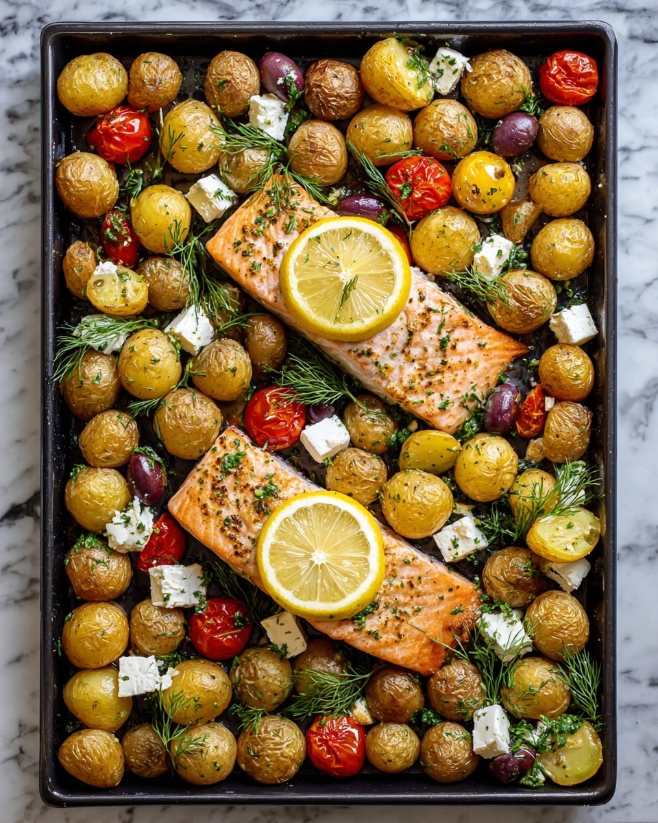 The image shows a baking tray filled with two pieces of cooked salmon fillets placed near the center, each topped with a bright yellow lemon slice. Around the salmon, there are many golden-brown roasted small potatoes, with some halved, showing their soft inside. Scattered cherry tomatoes in bright red add a pop of color, mixed throughout the tray. White cubes of feta cheese are spread evenly over the dish, with sprigs of fresh green herbs such as dill and parsley layered throughout. The tray is on a white marbled surface. photo taken with an iphone --ar 4:5 --v 7