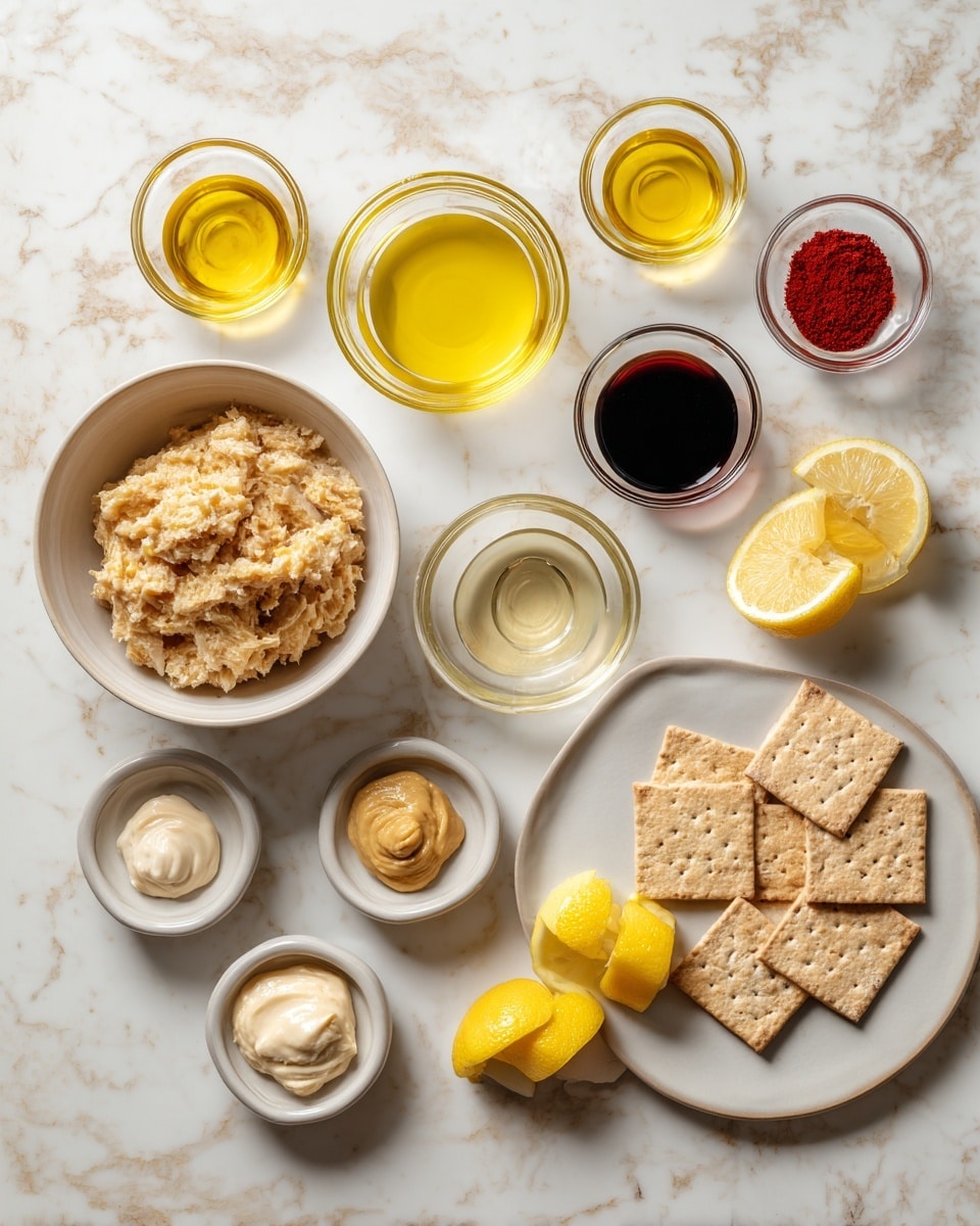 The image shows different small bowls and a white plate arranged on a white marbled surface. On the left side, there is a large white bowl filled with a light brown chunky mixture. Next to it are two glass bowls, one with a yellow liquid and the other with a light golden liquid. Above these are two small glass bowls, one with a dark brown liquid and the other with red powder. Below, there are three small white and pale-colored bowls containing a creamy light beige sauce, a dollop of mustard yellow paste, and a white mayonnaise-like sauce. On the right, a white plate holds several square crackers that are light golden brown. Next to the plate is a small bowl with bright yellow lemon wedges. The whole setup is neatly arranged with clear color contrast between the different items. photo taken with an iphone --ar 4:5 --v 7